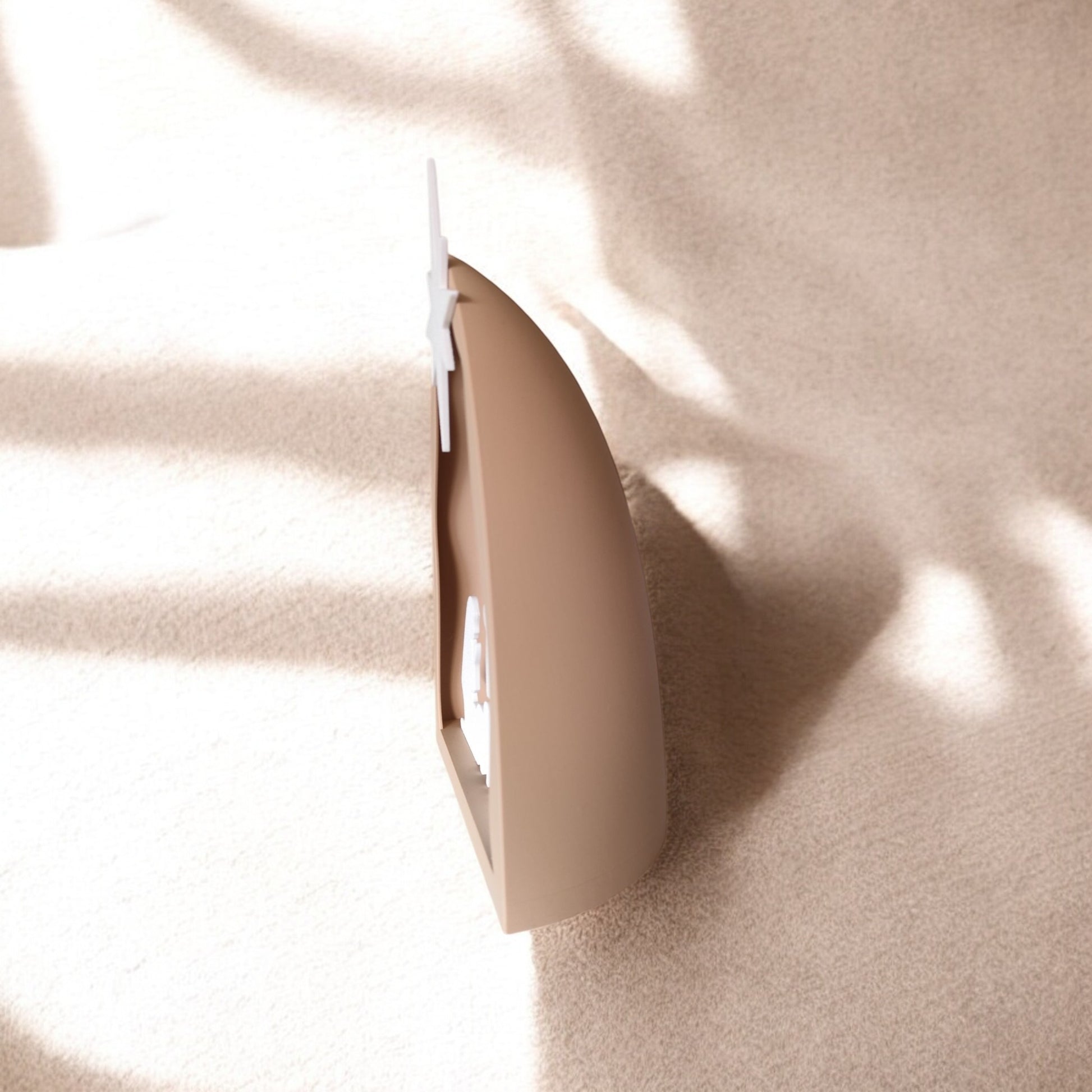 Handmade nativity scene decoration displayed with a stable silhouette, Holy Family figures, star on top and optional LED tealight, shown in a soft neutral colour. Modern Christmas home décor piece measuring 28.5 cm tall, 19 cm wide and 10 cm deep