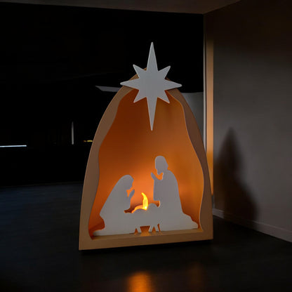 Handmade nativity scene decoration displayed with a stable silhouette, Holy Family figures, star on top and optional LED tealight, shown in a soft neutral colour. Modern Christmas home décor piece measuring 28.5 cm tall, 19 cm wide and 10 cm deep