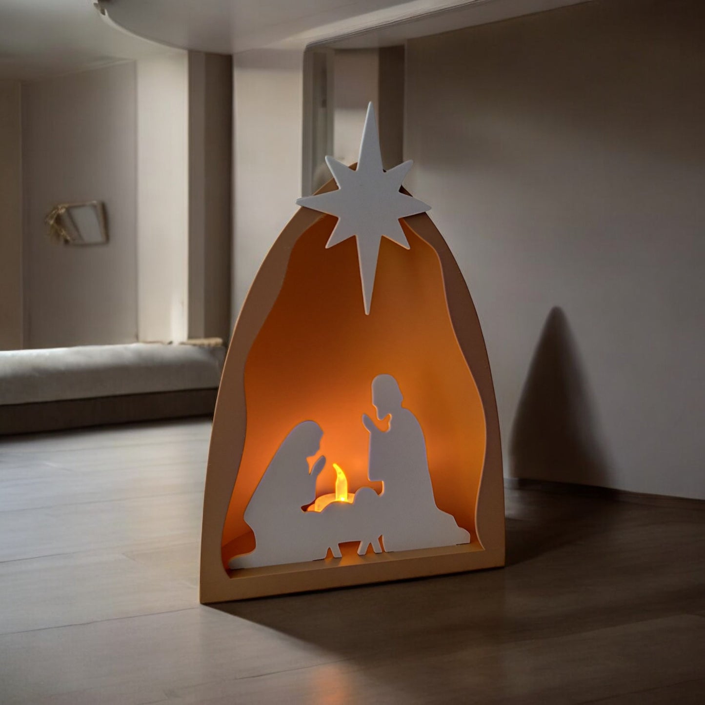 handmade nativity scene decoration displayed with a stable silhouette, holy family figures, star on top and optional led tealight, shown in a soft neutral colour. modern christmas home décor piece measuring 28.5 cm tall, 19 cm wide and 10 cm deep