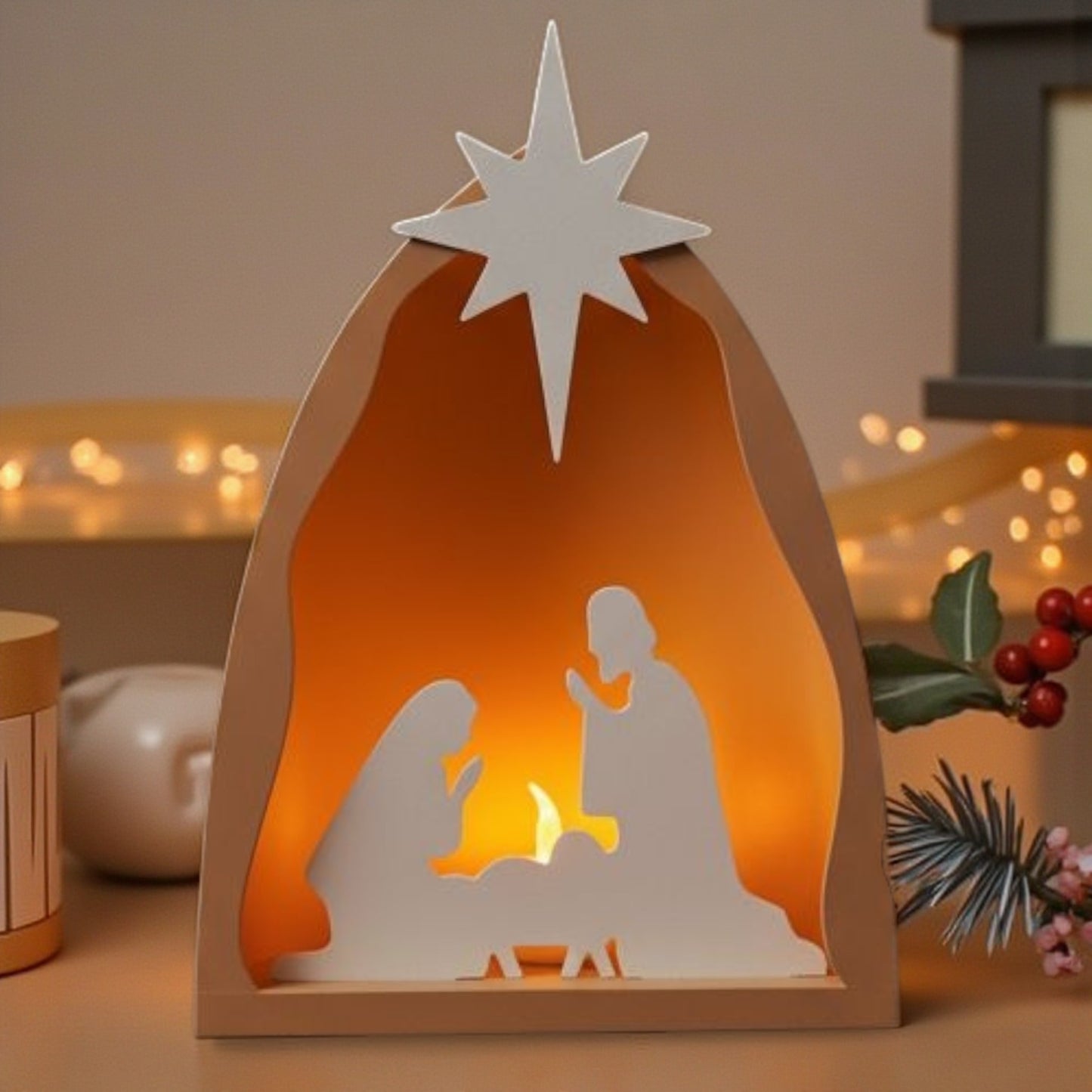 handmade nativity scene decoration displayed with a stable silhouette, holy family figures, star on top and optional led tealight, shown in a soft neutral colour. modern christmas home décor piece measuring 28.5 cm tall, 19 cm wide and 10 cm deep