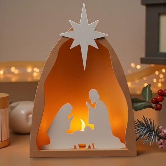 Handmade nativity scene decoration displayed with a stable silhouette, Holy Family figures, star on top and optional LED tealight, shown in a soft neutral colour. Modern Christmas home décor piece measuring 28.5 cm tall, 19 cm wide and 10 cm deep