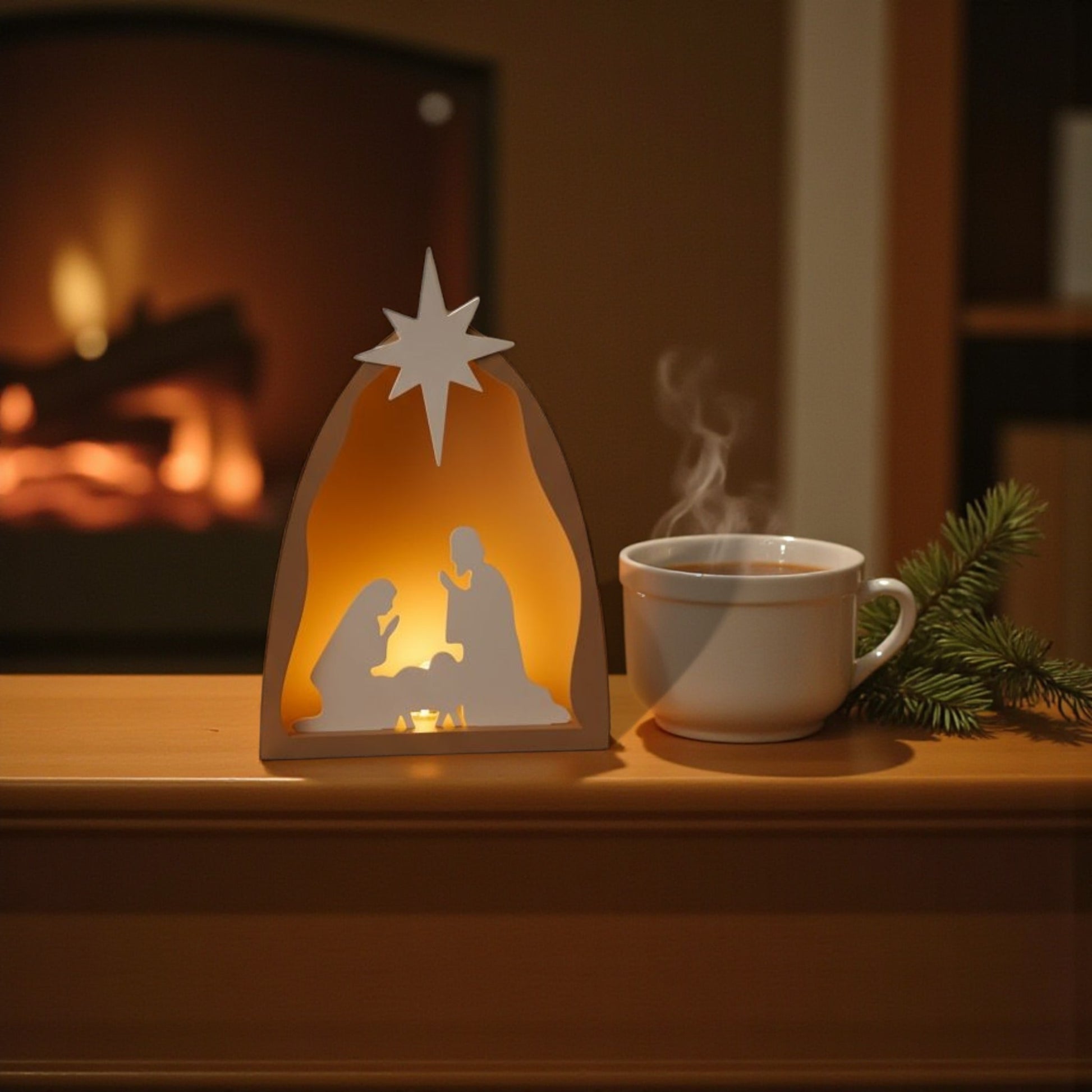 Handmade nativity scene decoration displayed with a stable silhouette, Holy Family figures, star on top and optional LED tealight, shown in a soft neutral colour. Modern Christmas home décor piece measuring 28.5 cm tall, 19 cm wide and 10 cm deep