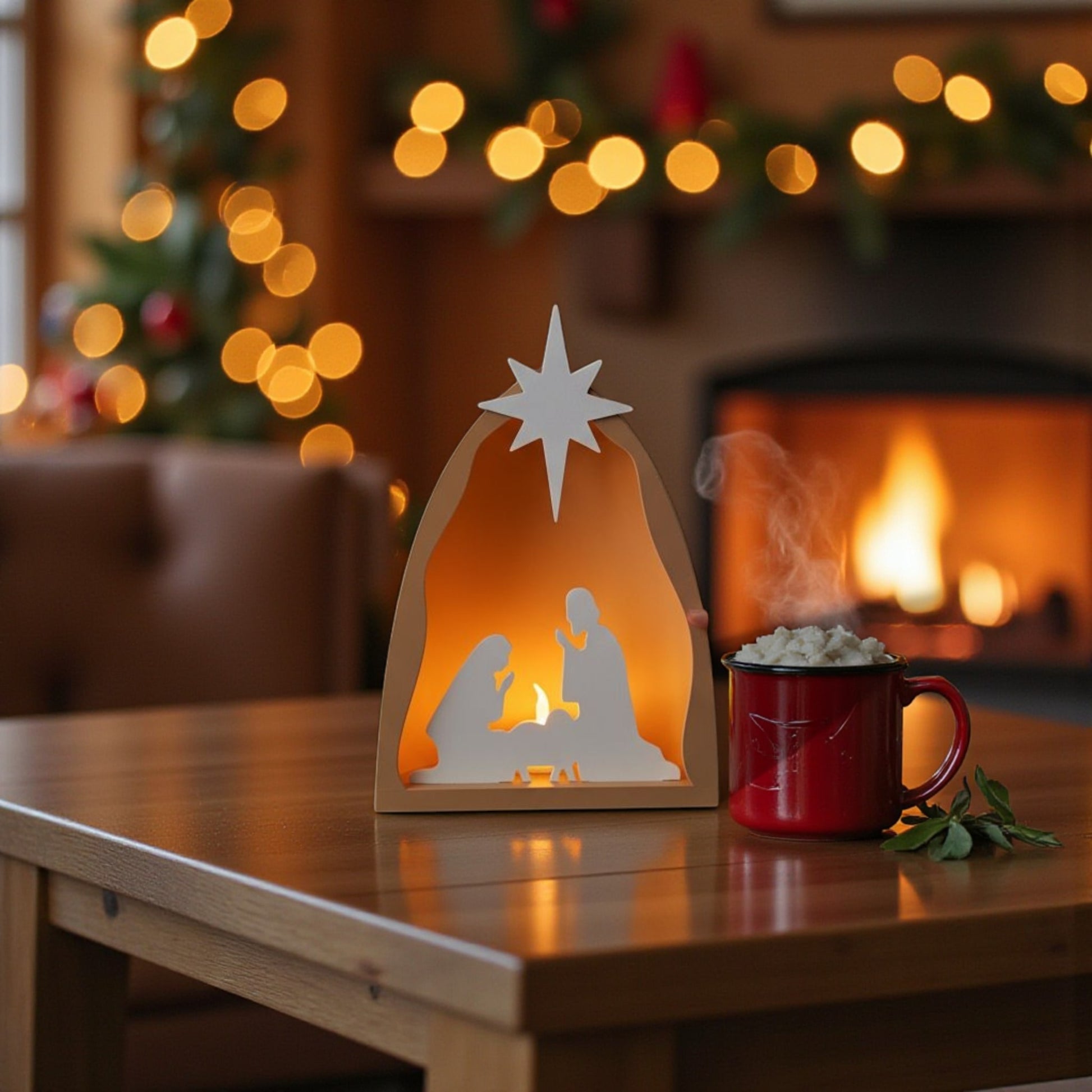 Handmade nativity scene decoration displayed with a stable silhouette, Holy Family figures, star on top and optional LED tealight, shown in a soft neutral colour. Modern Christmas home décor piece measuring 28.5 cm tall, 19 cm wide and 10 cm deep