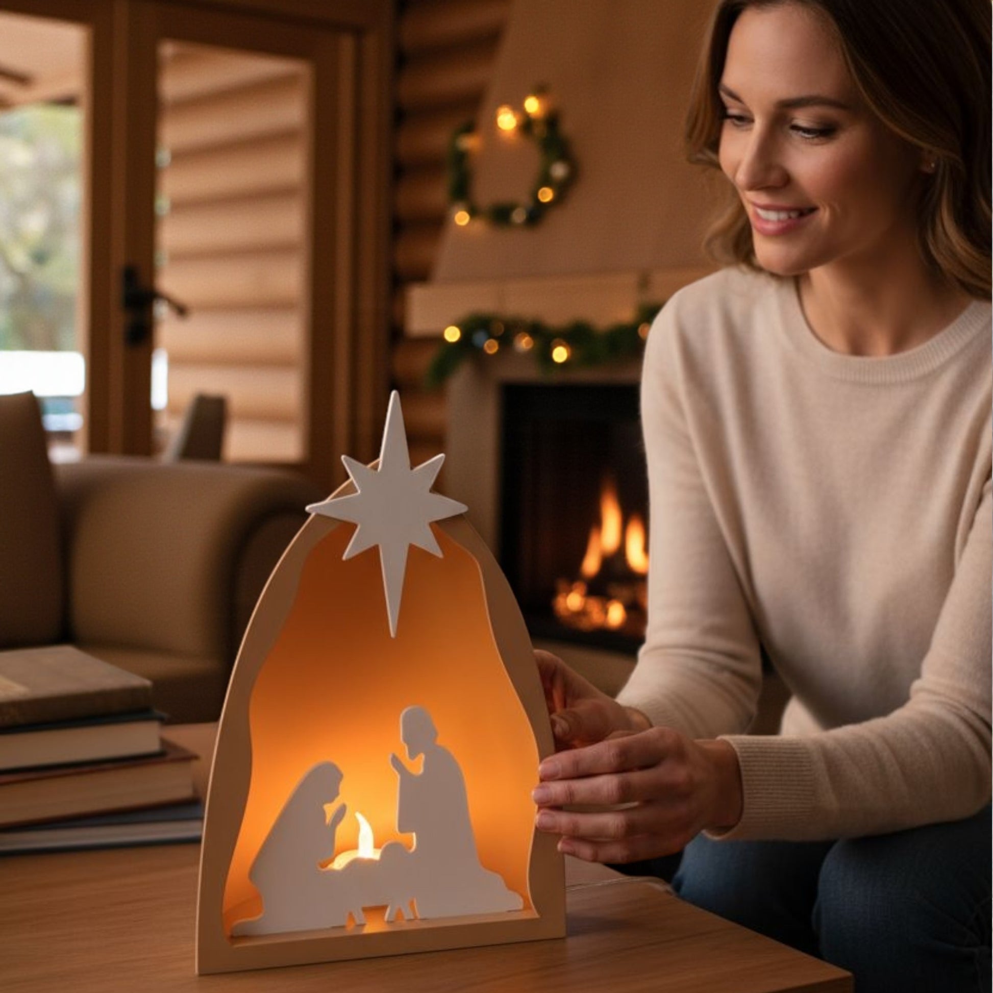 Handmade nativity scene decoration displayed with a stable silhouette, Holy Family figures, star on top and optional LED tealight, shown in a soft neutral colour. Modern Christmas home décor piece measuring 28.5 cm tall, 19 cm wide and 10 cm deep