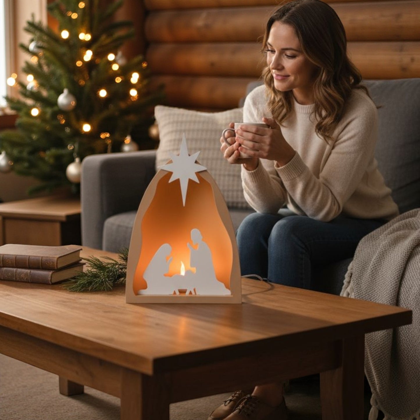 handmade nativity scene decoration displayed with a stable silhouette, holy family figures, star on top and optional led tealight, shown in a soft neutral colour. modern christmas home décor piece measuring 28.5 cm tall, 19 cm wide and 10 cm deep