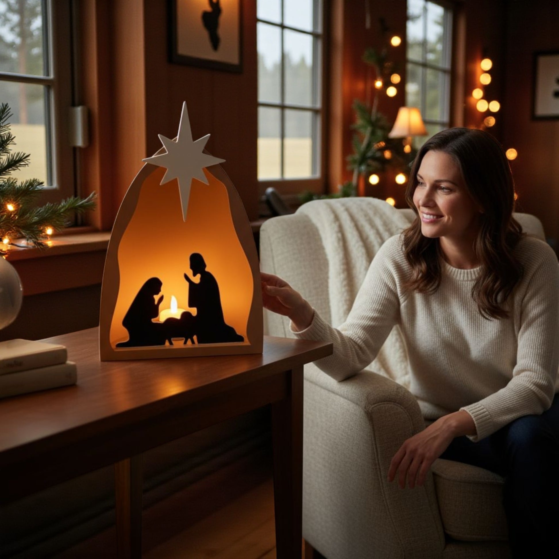 Handmade nativity scene decoration displayed with a stable silhouette, Holy Family figures, star on top and optional LED tealight, shown in a soft neutral colour. Modern Christmas home décor piece measuring 28.5 cm tall, 19 cm wide and 10 cm deep