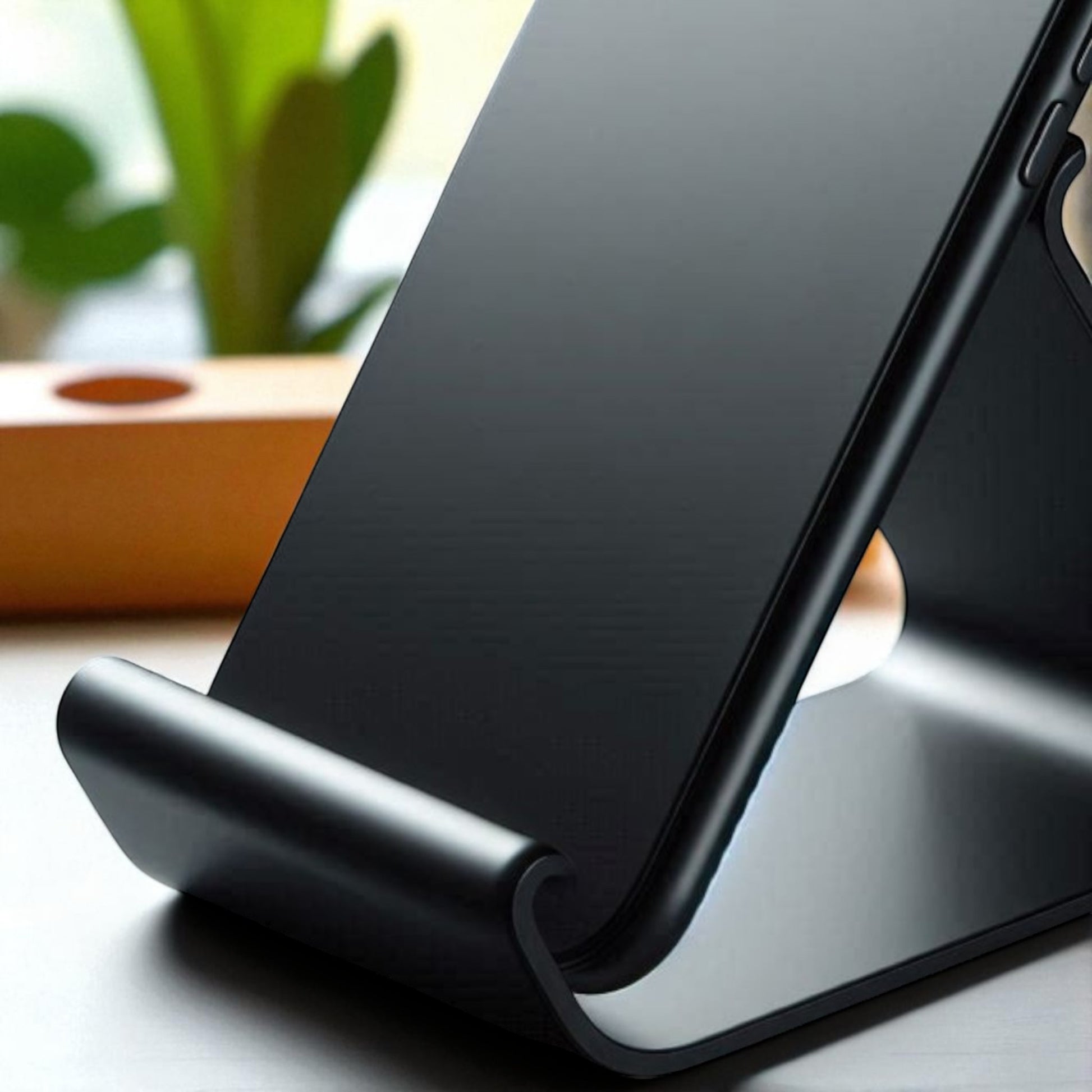 Ergonomic phone holder made of durable 3D-printed material, designed with a sleek and modern look. It securely holds your phone at an optimal angle for comfortable viewing, making it perfect for desks, nightstands, or kitchen counters. Compact, stylish, and practical for everyday use