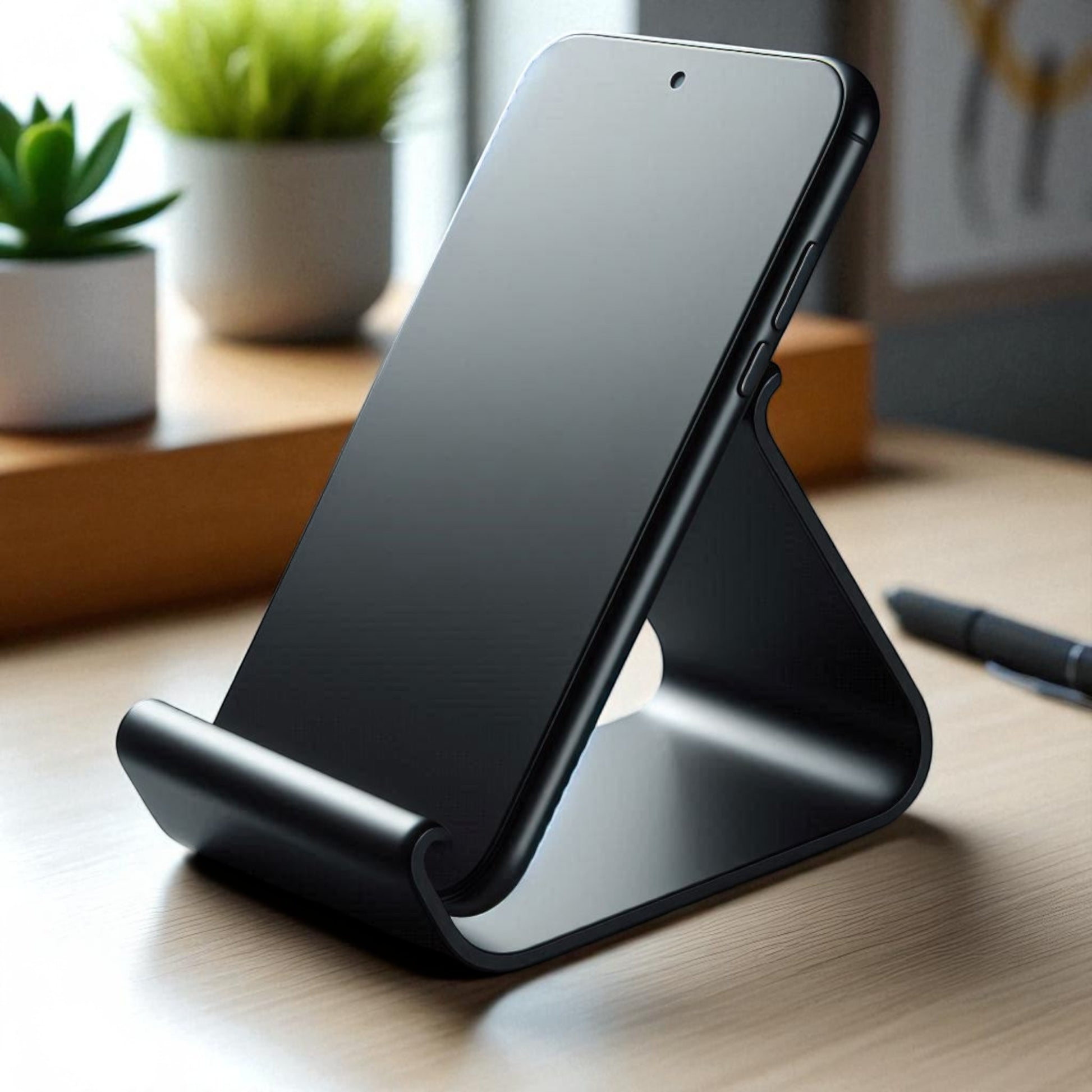 Ergonomic phone holder made of durable 3D-printed material, designed with a sleek and modern look. It securely holds your phone at an optimal angle for comfortable viewing, making it perfect for desks, nightstands, or kitchen counters. Compact, stylish, and practical for everyday use
