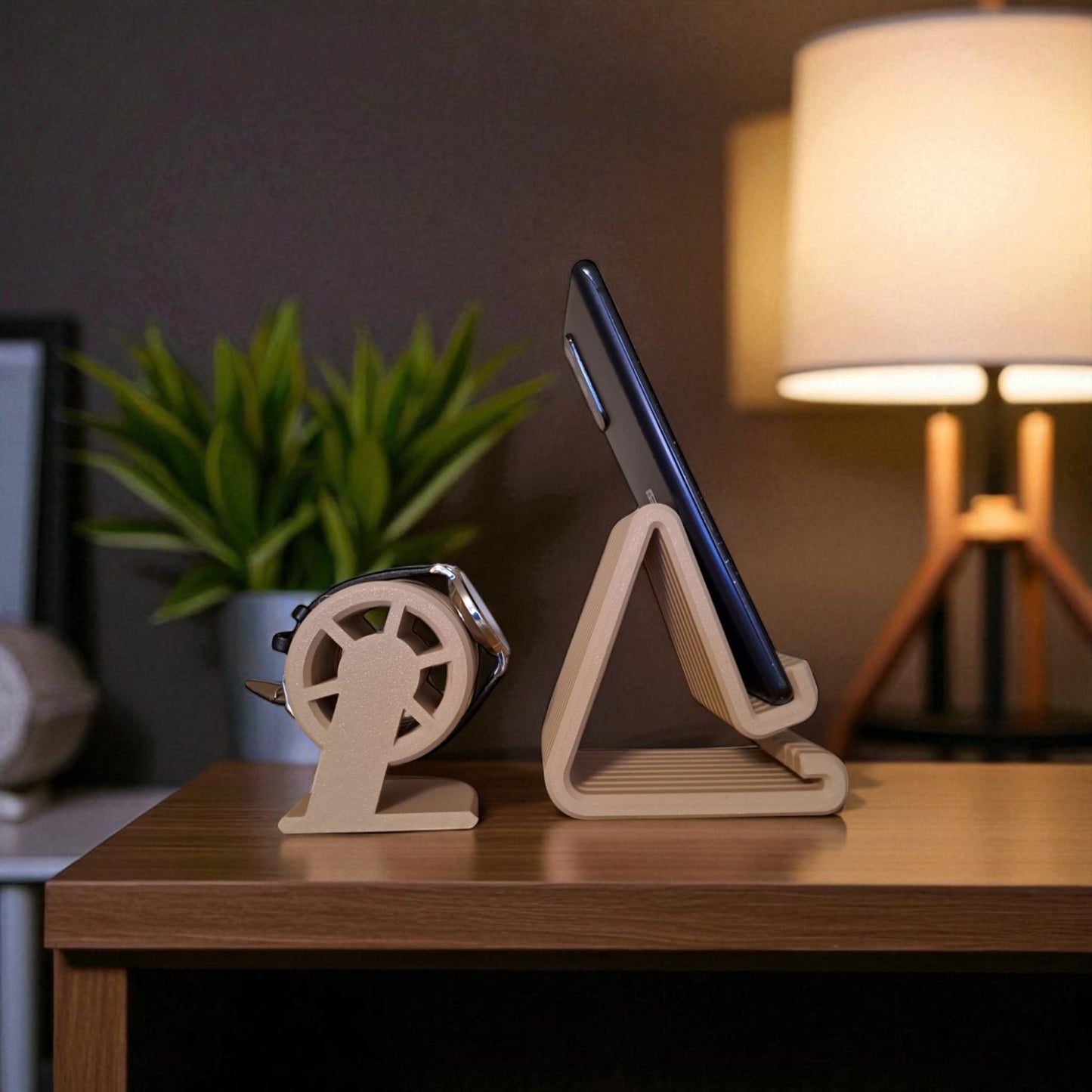 wooden phone stand and small model on a wooden surface with a blurred lamp and plant in the background.