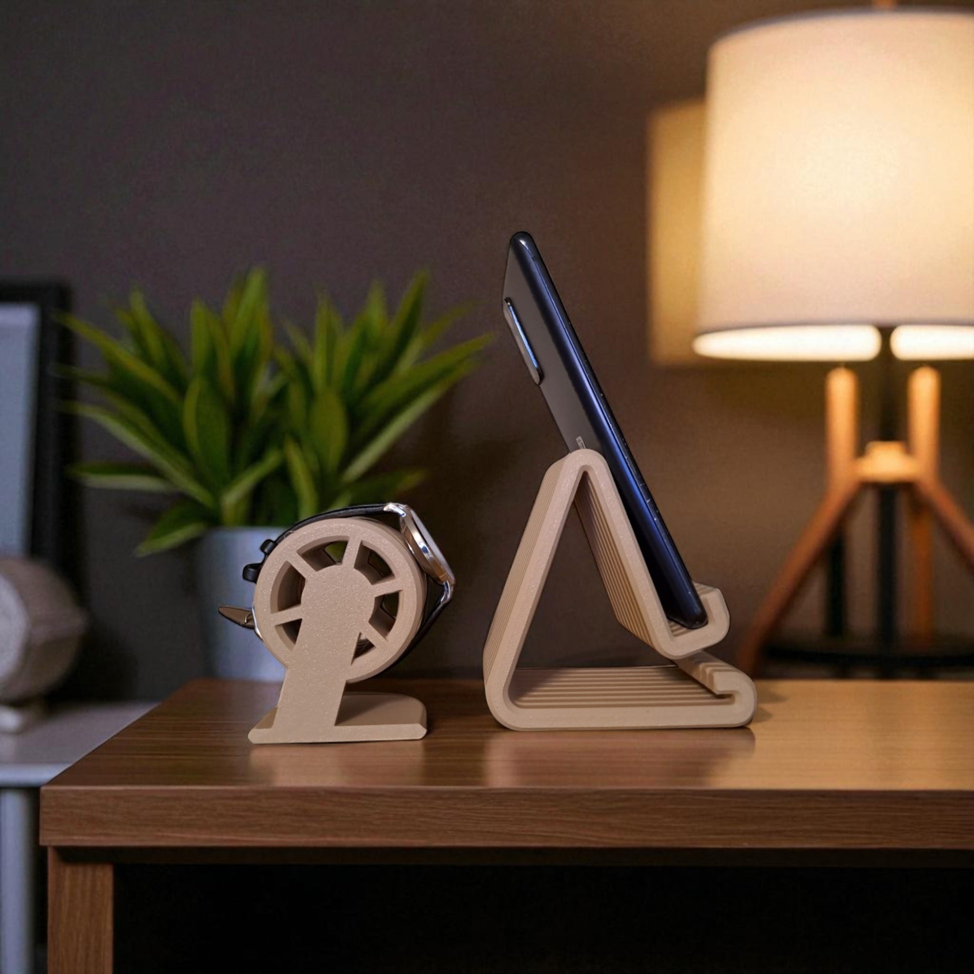 Wooden phone stand and small model on a wooden surface with a blurred lamp and plant in the background.