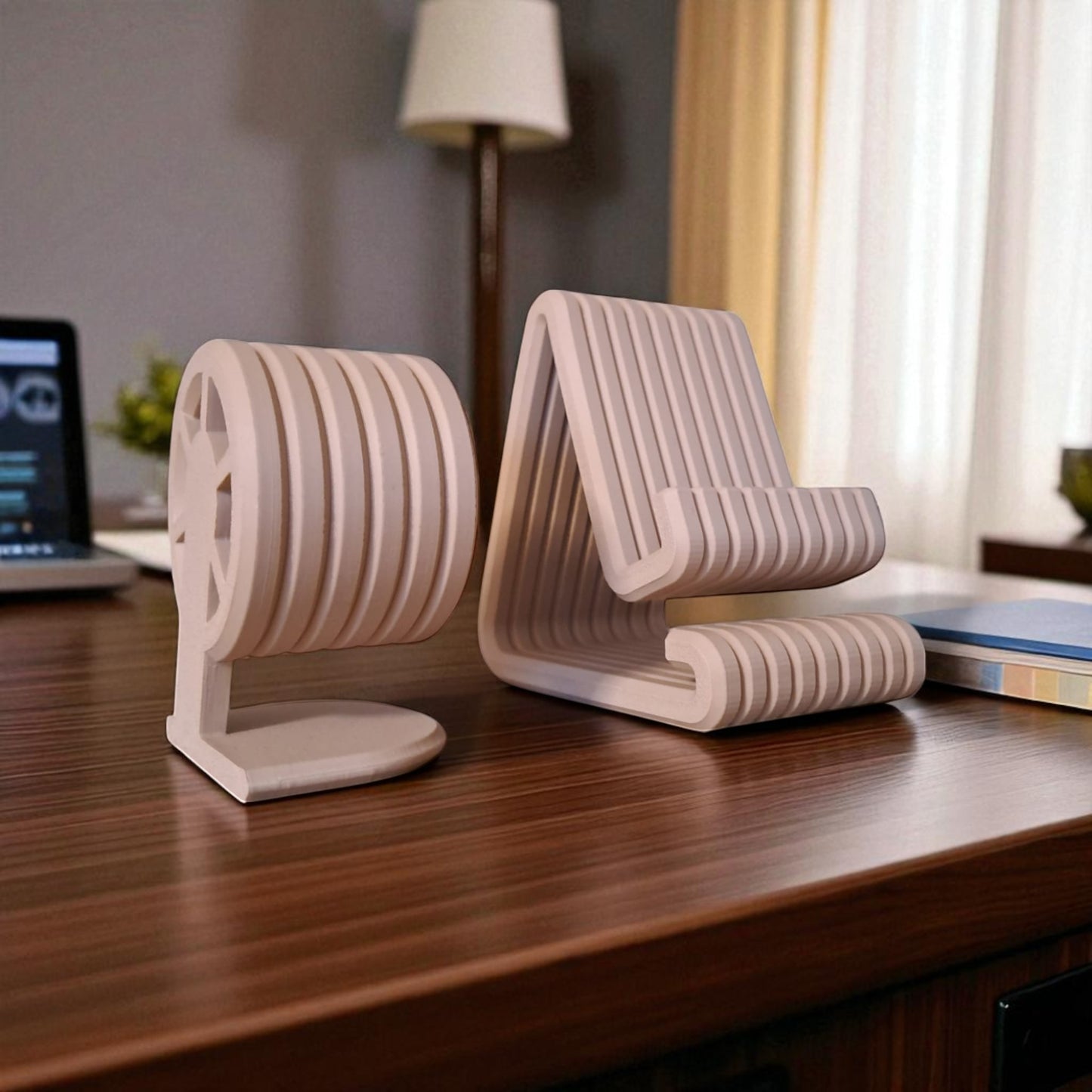 two beige desk organizers on a wooden surface with a laptop and books in the background.