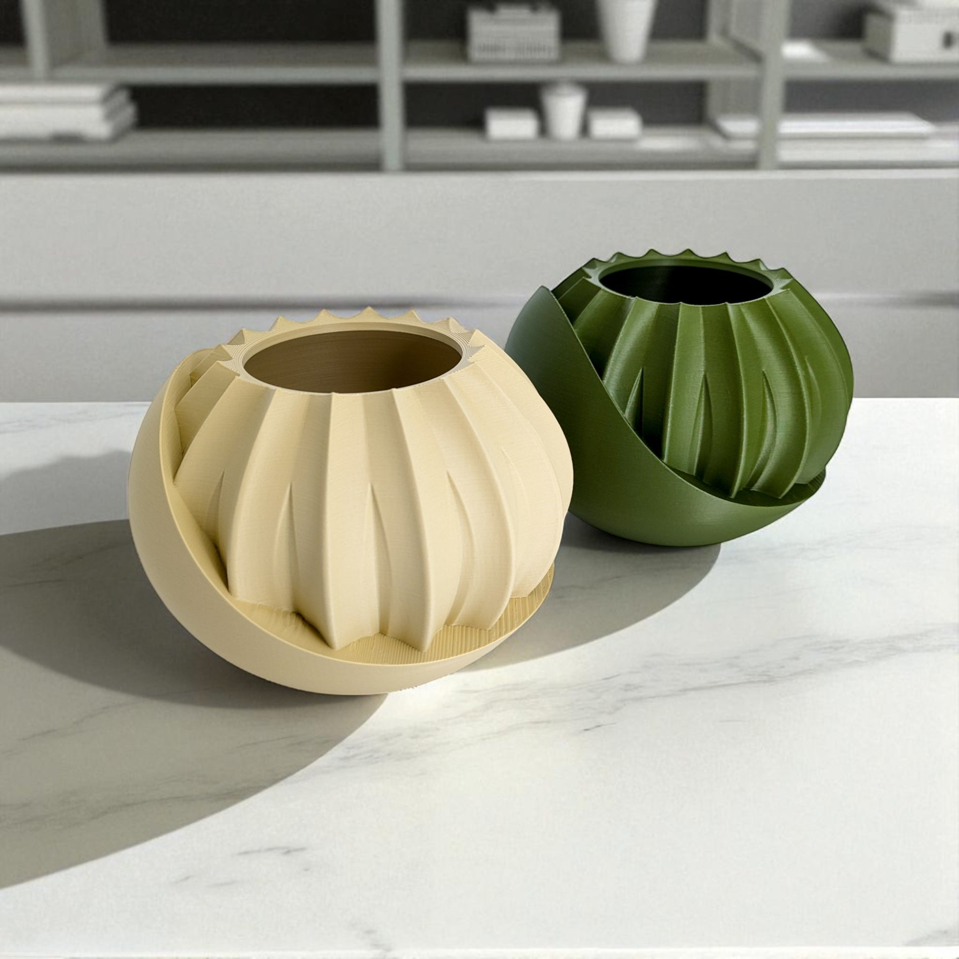 a modern 3D-printed plant pot with a hidden storage box, perfect for keeping small items discreetly tucked away. This unique design combines functionality with style, making it a standout piece for your home decor.