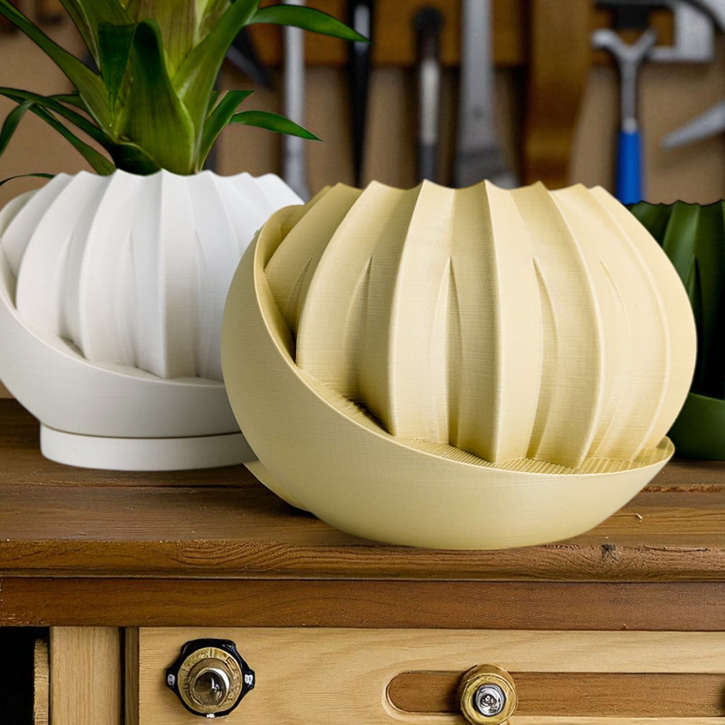 a modern 3d-printed plant pot with a hidden storage box, perfect for keeping small items discreetly tucked away. this unique design combines functionality with style, making it a standout piece for your home decor.