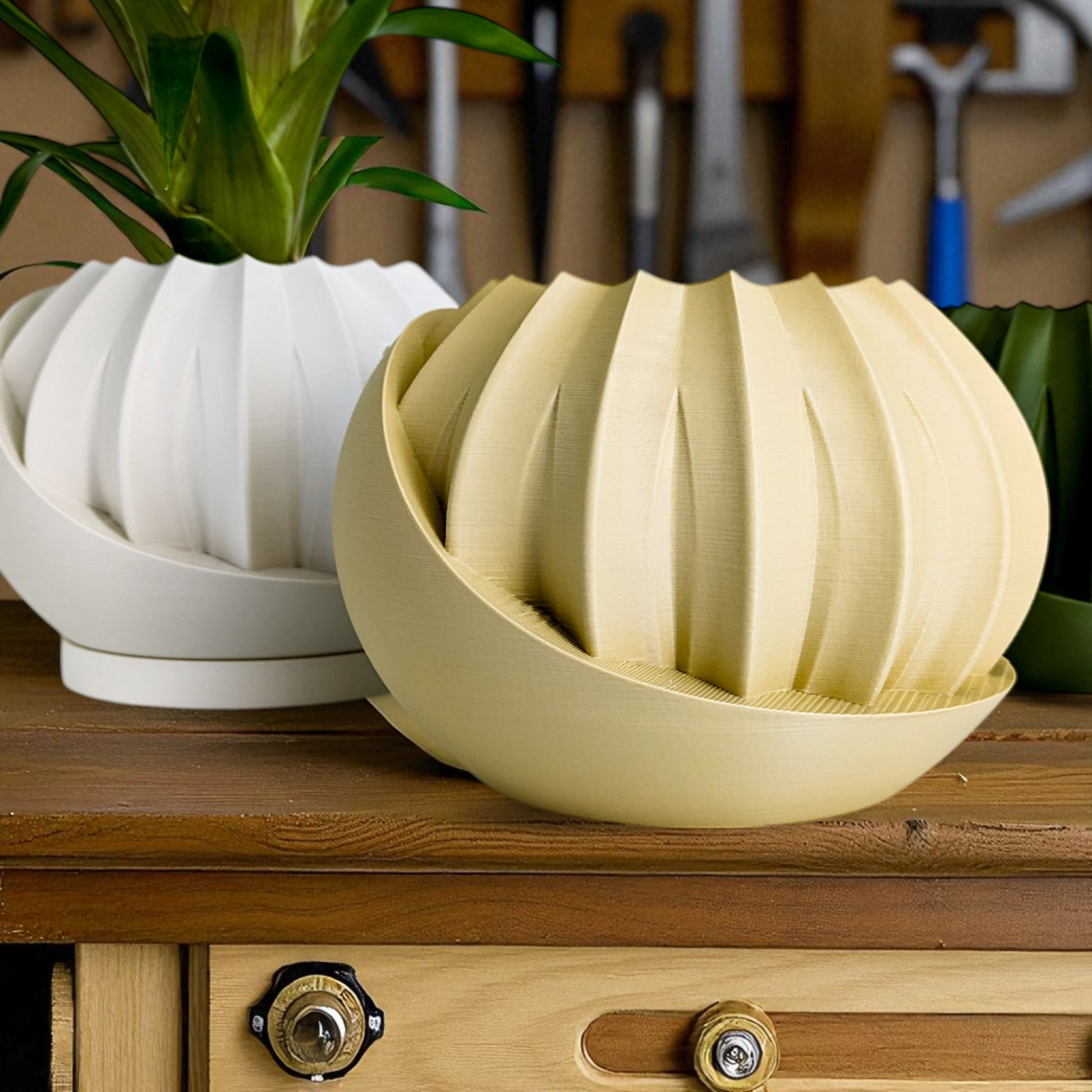 a modern 3D-printed plant pot with a hidden storage box, perfect for keeping small items discreetly tucked away. This unique design combines functionality with style, making it a standout piece for your home decor.