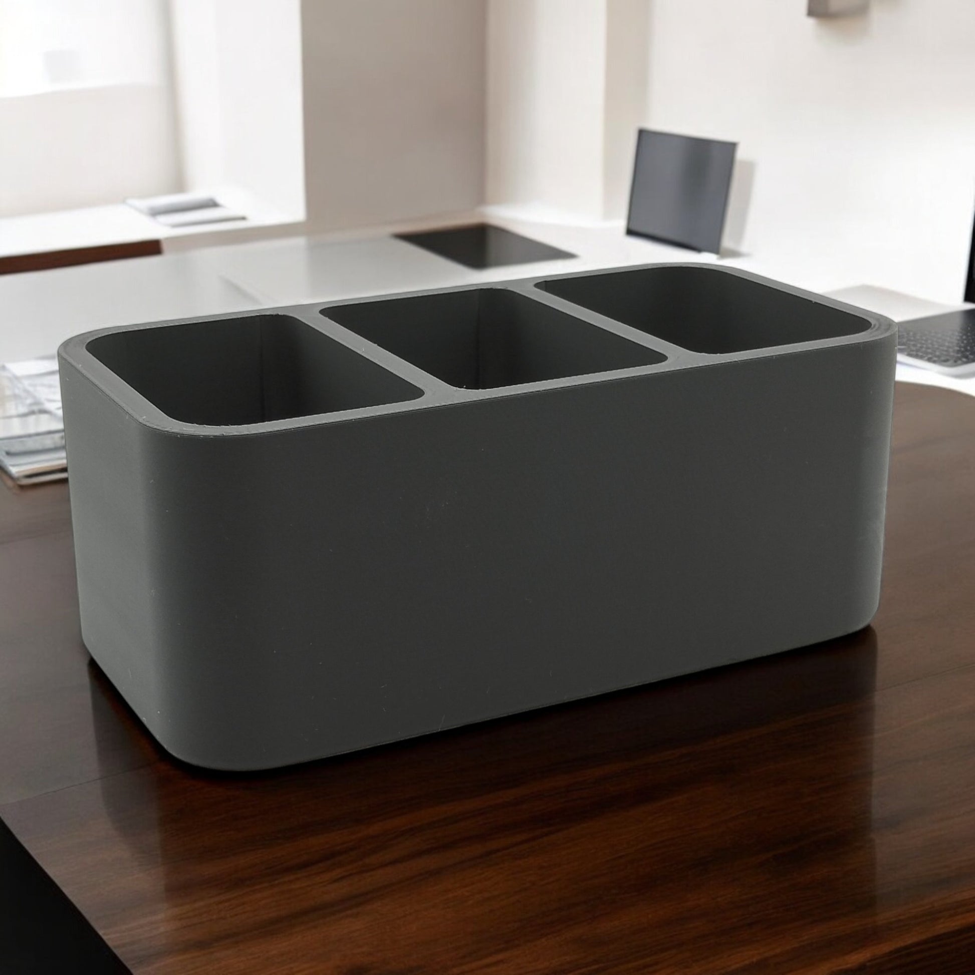 remote Control Holder with 3 compartments, perfect for organizing TV remotes, media controllers, and small accessories; sleek modern design ideal for living rooms, bedrooms, and offices