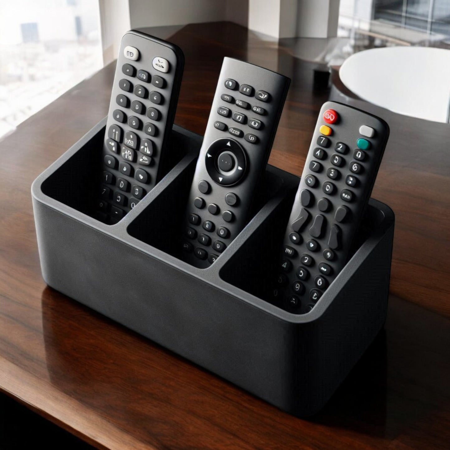 remote control holder with 3 compartments, perfect for organizing tv remotes, media controllers, and small accessories; sleek modern design ideal for living rooms, bedrooms, and offices