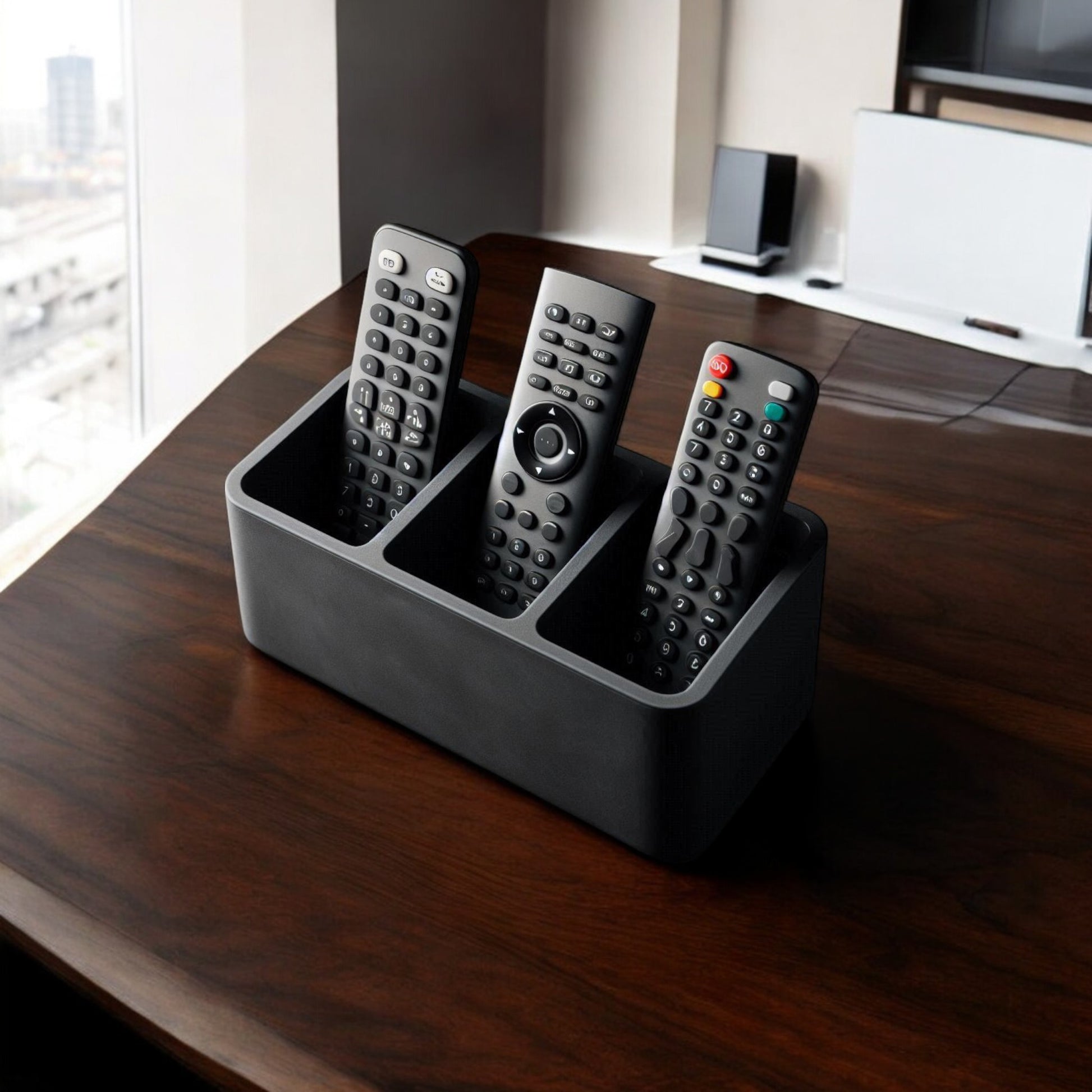 remote Control Holder with 3 compartments, perfect for organizing TV remotes, media controllers, and small accessories; sleek modern design ideal for living rooms, bedrooms, and offices