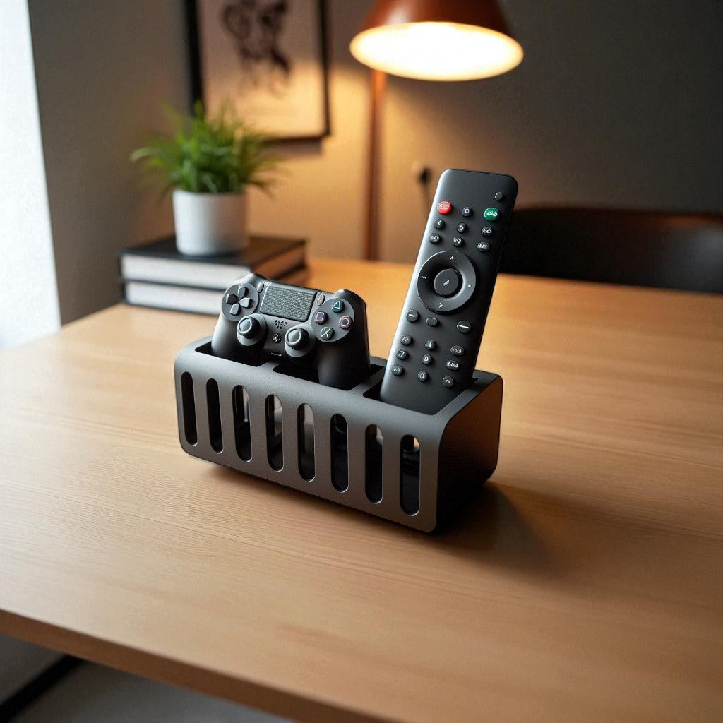 A modern and stylish gaming controller and remote holder, designed to store one controller and at least two remotes. Features a sleek, space-saving design, perfect for organizing entertainment centers, desks, or gaming setups. Made with high-quality 3D-printed materials for durability and a clean, modern look.