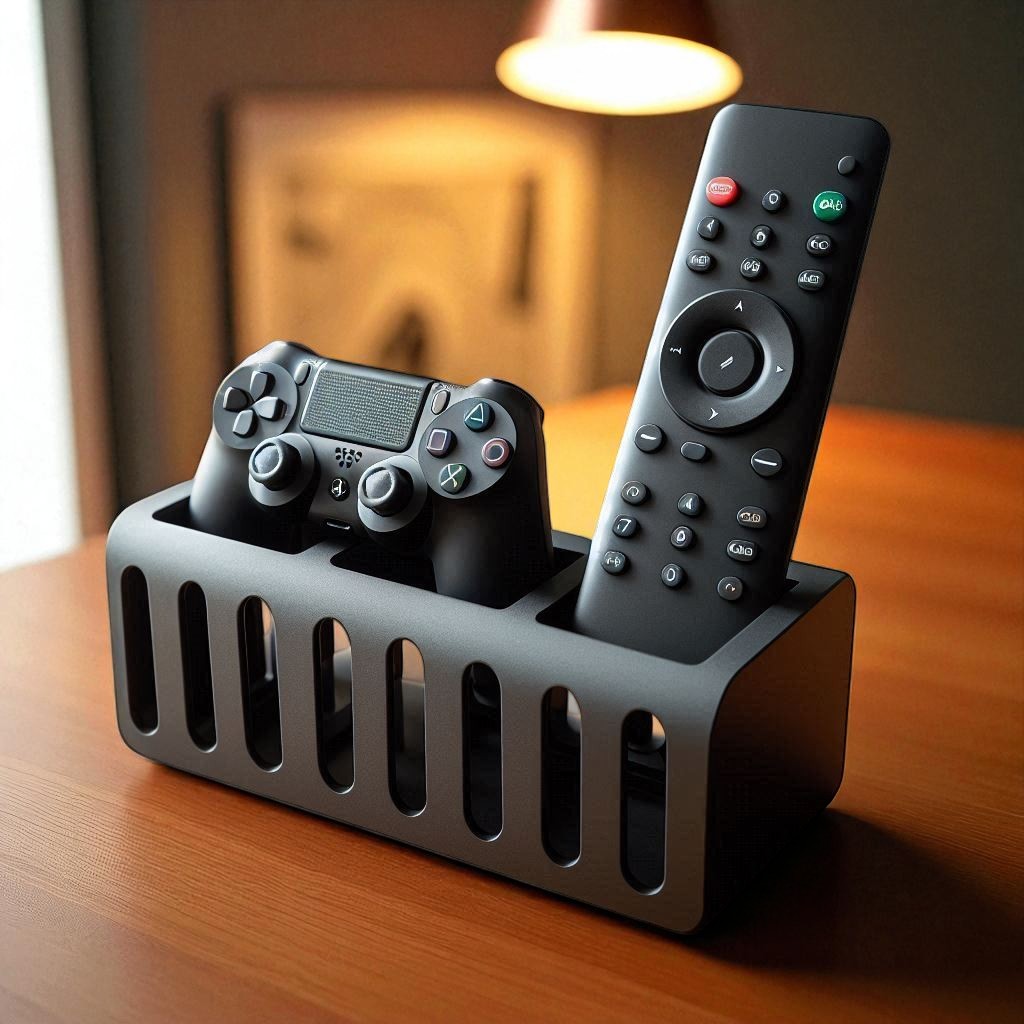 A modern and stylish gaming controller and remote holder, designed to store one controller and at least two remotes. Features a sleek, space-saving design, perfect for organizing entertainment centers, desks, or gaming setups. Made with high-quality 3D-printed materials for durability and a clean, modern look.