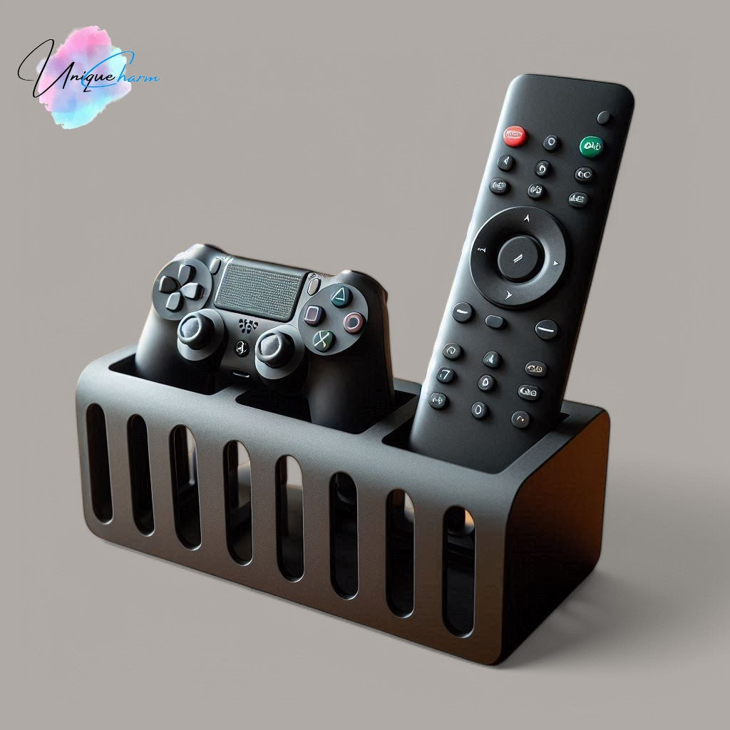 a modern and stylish gaming controller and remote holder, designed to store one controller and at least two remotes. features a sleek, space-saving design, perfect for organizing entertainment centers, desks, or gaming setups. made with high-quality 3d-printed materials for durability and a clean, modern look.