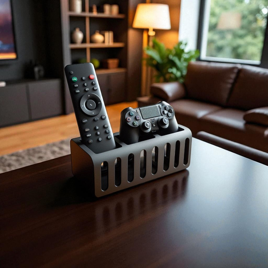 A modern and stylish gaming controller and remote holder, designed to store one controller and at least two remotes. Features a sleek, space-saving design, perfect for organizing entertainment centers, desks, or gaming setups. Made with high-quality 3D-printed materials for durability and a clean, modern look.