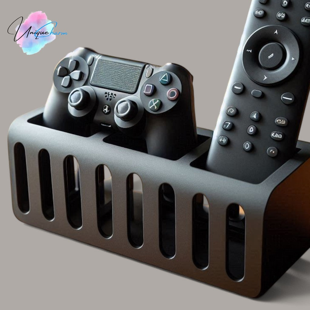 a modern and stylish gaming controller and remote holder, designed to store one controller and at least two remotes. features a sleek, space-saving design, perfect for organizing entertainment centers, desks, or gaming setups. made with high-quality 3d-printed materials for durability and a clean, modern look.