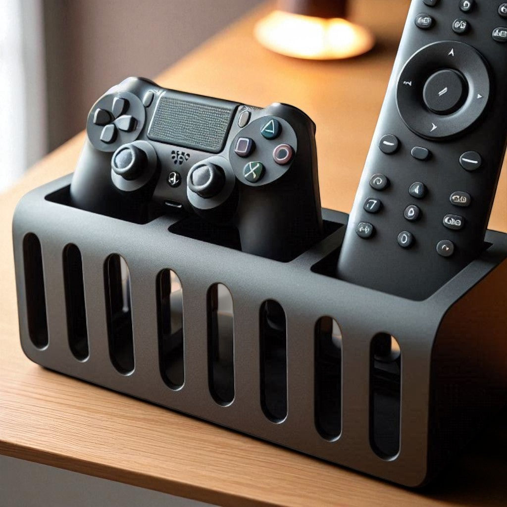 A modern and stylish gaming controller and remote holder, designed to store one controller and at least two remotes. Features a sleek, space-saving design, perfect for organizing entertainment centers, desks, or gaming setups. Made with high-quality 3D-printed materials for durability and a clean, modern look.