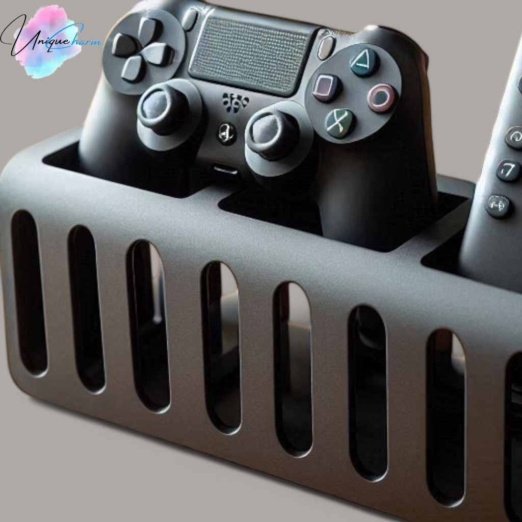 a modern and stylish gaming controller and remote holder, designed to store one controller and at least two remotes. features a sleek, space-saving design, perfect for organizing entertainment centers, desks, or gaming setups. made with high-quality 3d-printed materials for durability and a clean, modern look.