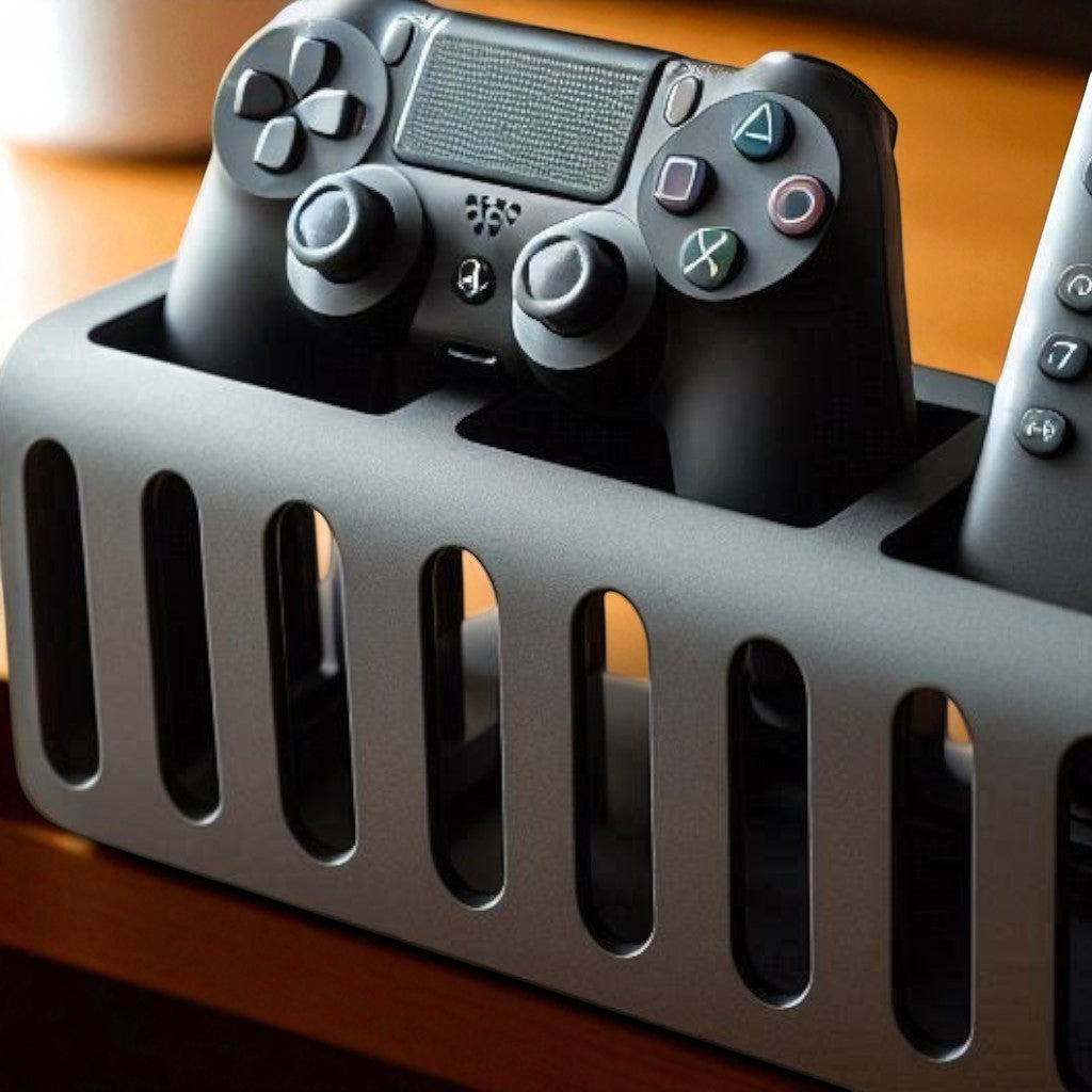 A modern and stylish gaming controller and remote holder, designed to store one controller and at least two remotes. Features a sleek, space-saving design, perfect for organizing entertainment centers, desks, or gaming setups. Made with high-quality 3D-printed materials for durability and a clean, modern look.