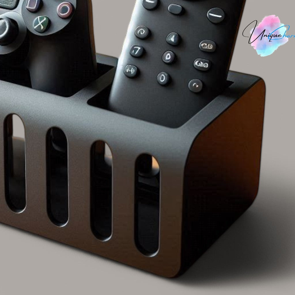 a modern and stylish gaming controller and remote holder, designed to store one controller and at least two remotes. features a sleek, space-saving design, perfect for organizing entertainment centers, desks, or gaming setups. made with high-quality 3d-printed materials for durability and a clean, modern look.