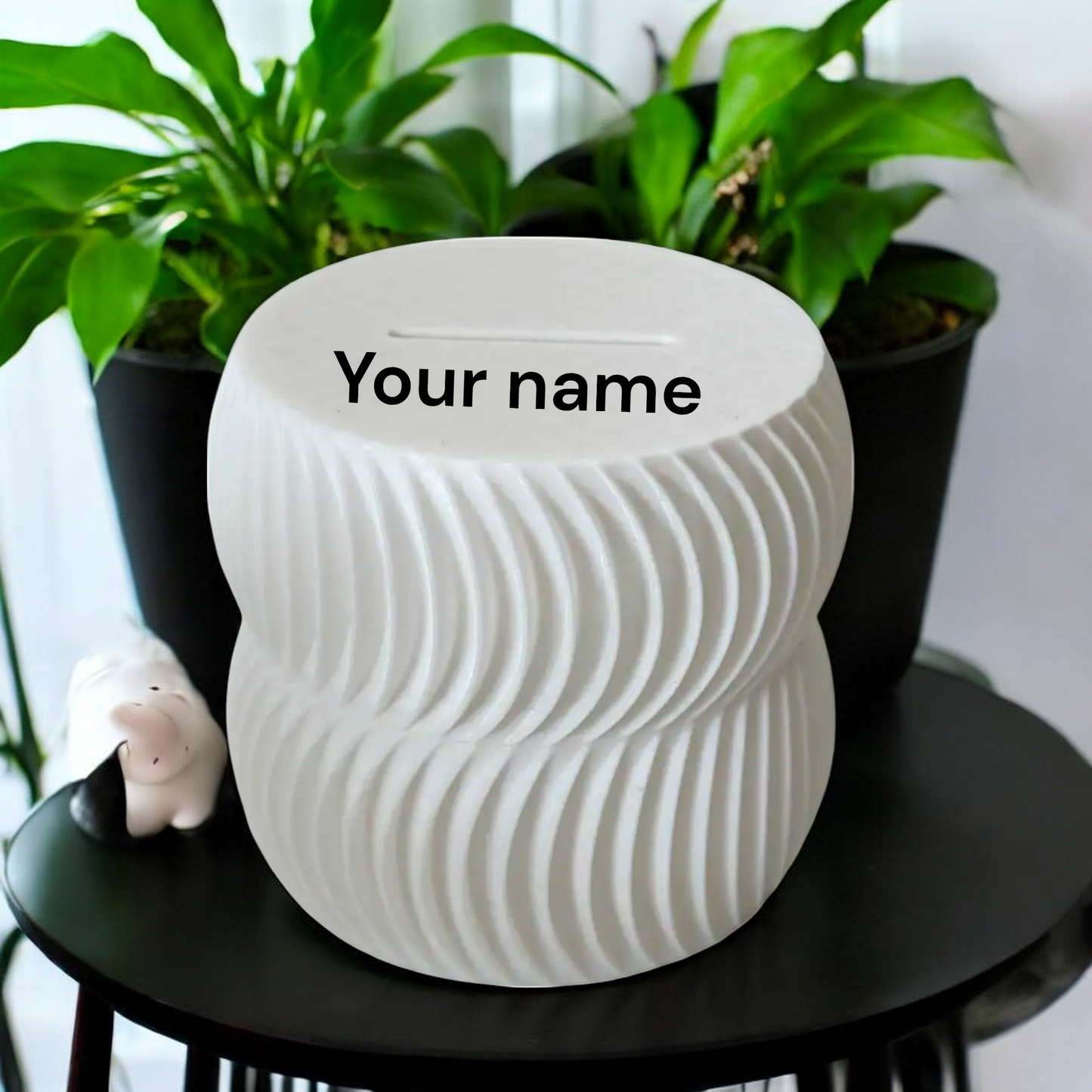 customizable coin bank in a unique piggy bank design, personalized with your name, perfect for kids, adults, and stylish home decor.