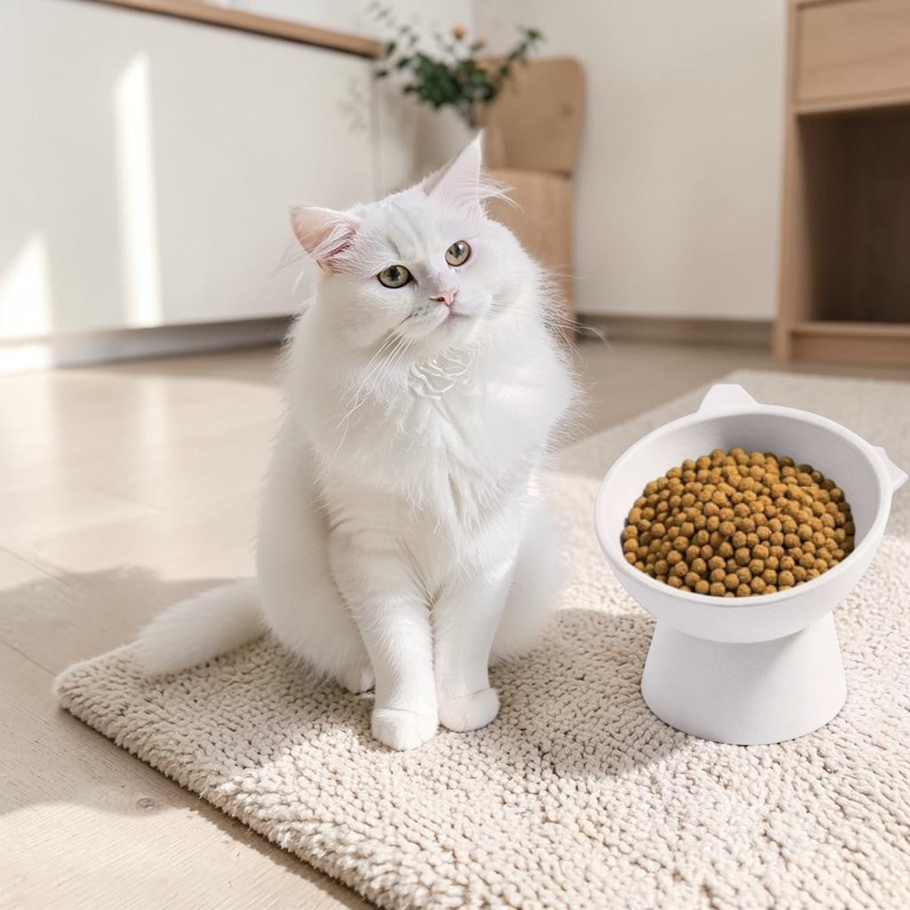 personalised elevated cat bowl with custom pet name in modern neutral home setting
raised cat feeding bowl with cat ear design and customisable pet name
minimalist elevated pet bowl designed to support better cat eating posture