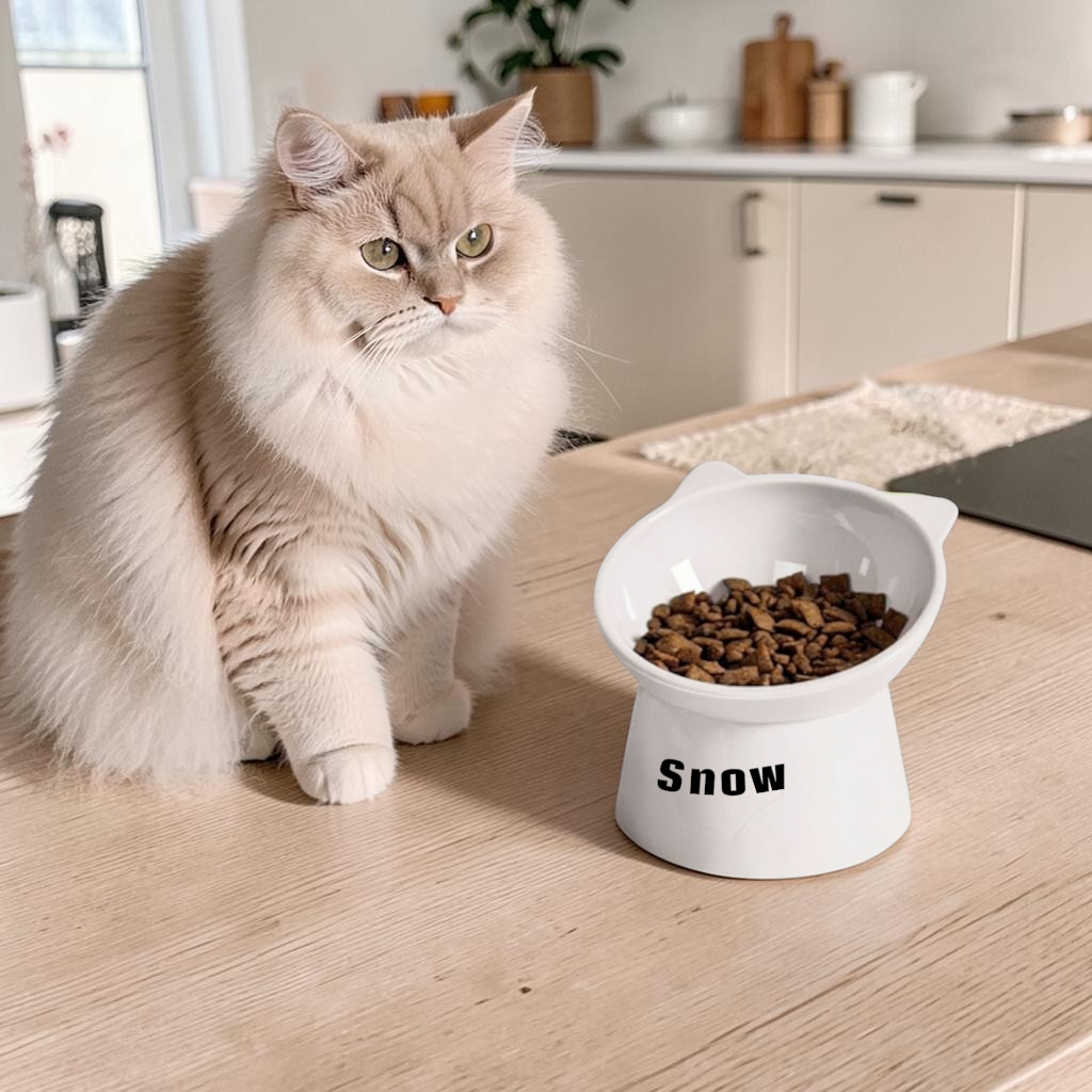 Personalised elevated cat bowl with custom pet name in modern neutral home setting
Raised cat feeding bowl with cat ear design and customisable pet name
Minimalist elevated pet bowl designed to support better cat eating posture