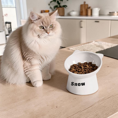 Personalised elevated cat bowl with custom pet name in modern neutral home setting
Raised cat feeding bowl with cat ear design and customisable pet name
Minimalist elevated pet bowl designed to support better cat eating posture