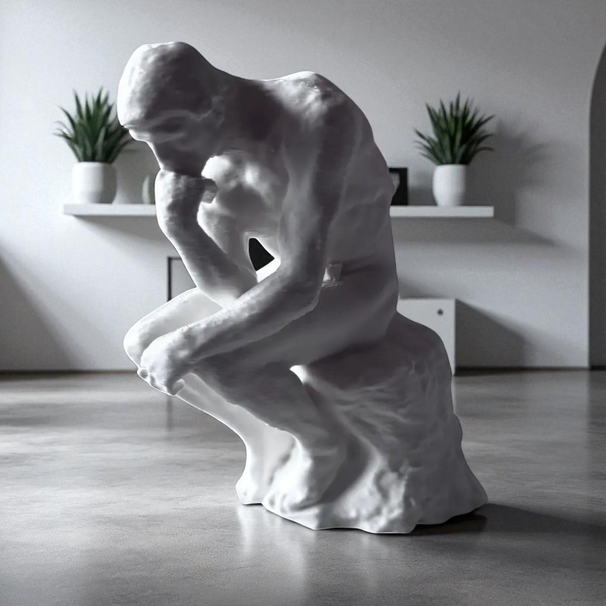 A statue titled 'Contemplative Reflection' depicting a man seated in a thoughtful, meditative pose. This sculpture embodies the essence of mindfulness, yoga, and inner peace, symbolizing the journey of reflection and self-discovery