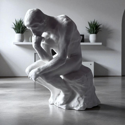 A statue titled 'Contemplative Reflection' depicting a man seated in a thoughtful, meditative pose. This sculpture embodies the essence of mindfulness, yoga, and inner peace, symbolizing the journey of reflection and self-discovery