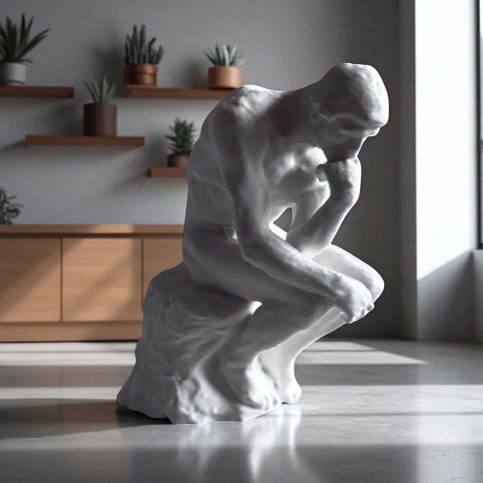 A statue titled 'Contemplative Reflection' depicting a man seated in a thoughtful, meditative pose. This sculpture embodies the essence of mindfulness, yoga, and inner peace, symbolizing the journey of reflection and self-discovery