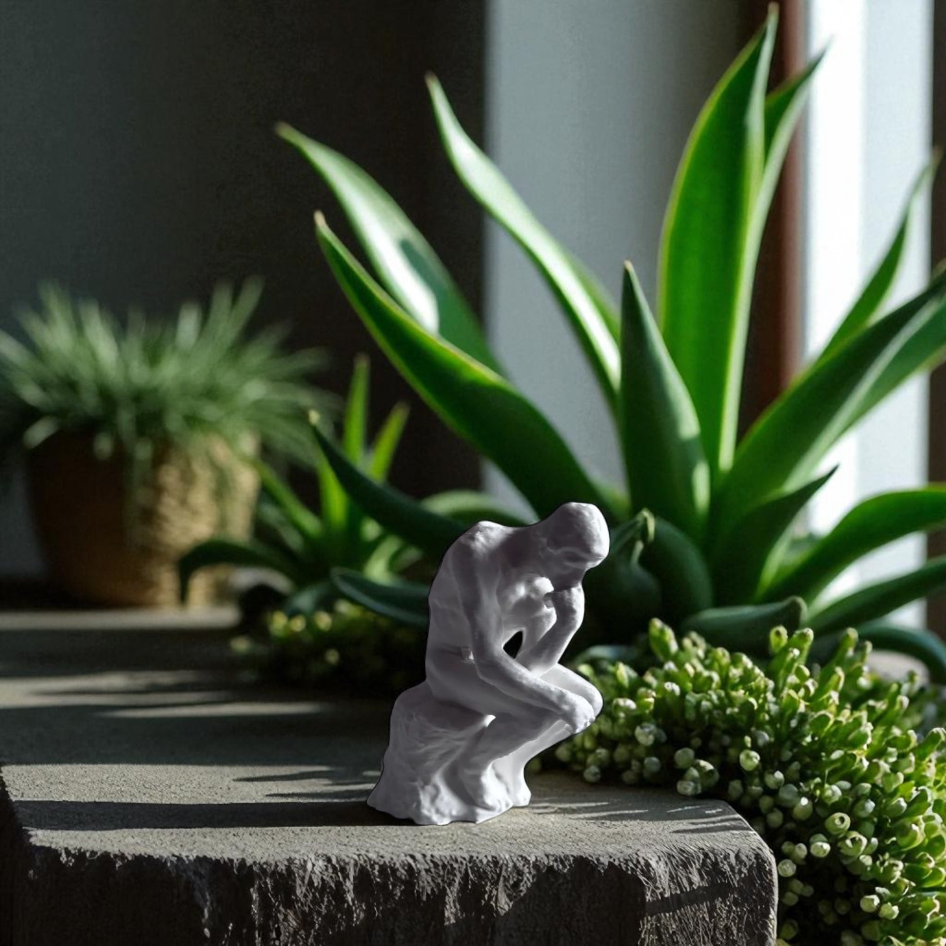 A statue titled 'Contemplative Reflection' depicting a man seated in a thoughtful, meditative pose. This sculpture embodies the essence of mindfulness, yoga, and inner peace, symbolizing the journey of reflection and self-discovery