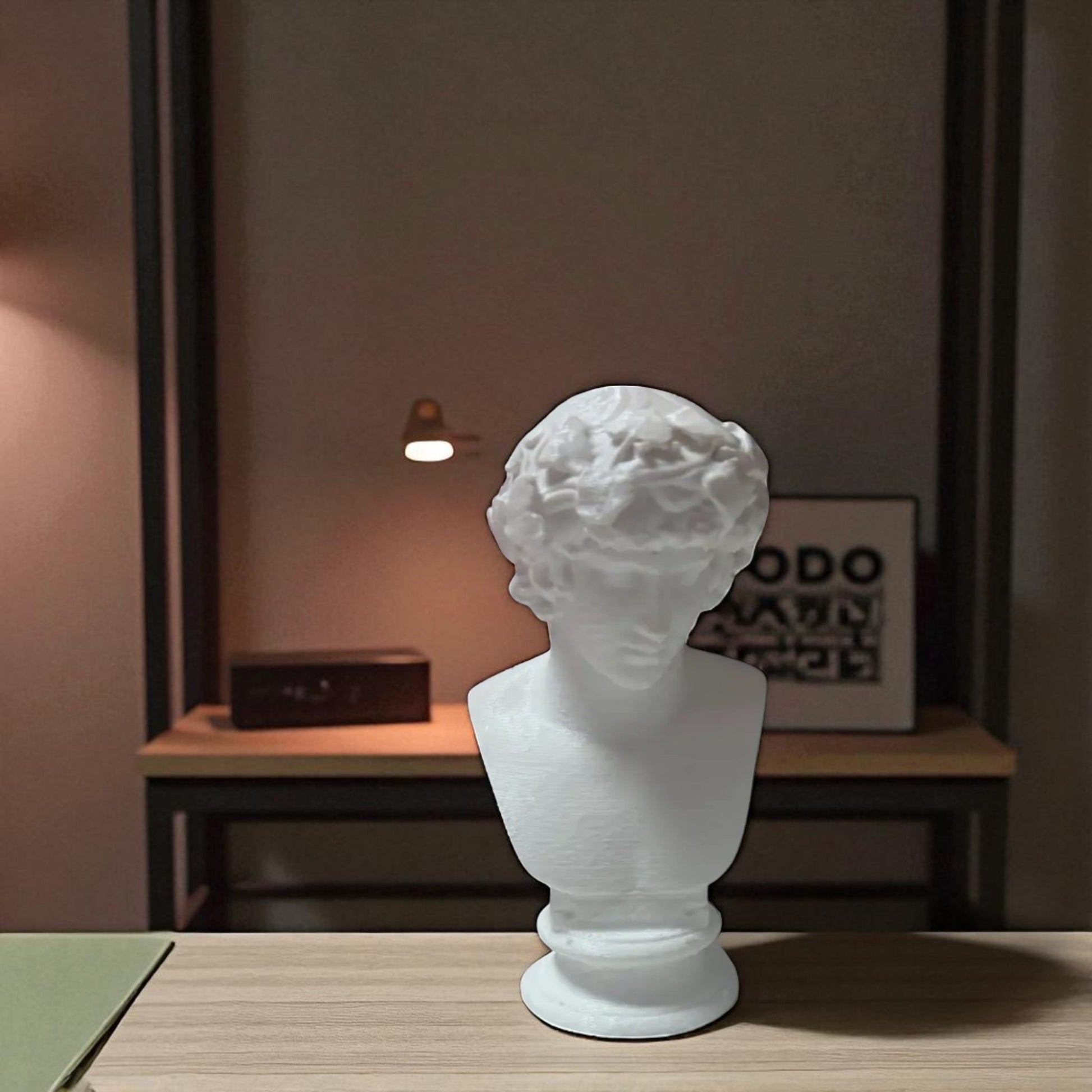 A detailed bust of Michelangelo’s David, capturing the timeless elegance and strength of this classical masterpiece. This sculpture adds an artistic and sophisticated touch to any decor, embodying the iconic beauty of Renaissance art