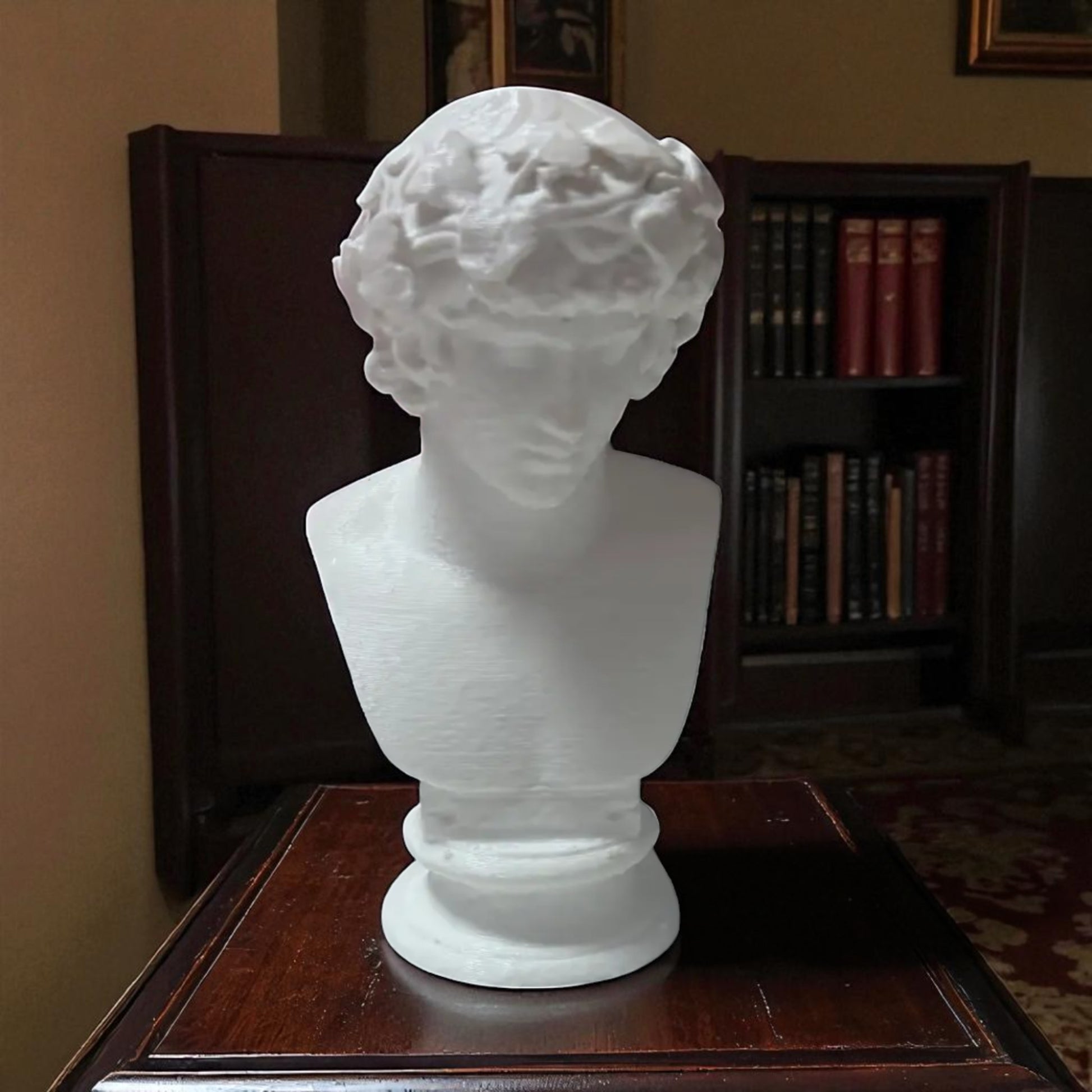 A detailed bust of Michelangelo’s David, capturing the timeless elegance and strength of this classical masterpiece. This sculpture adds an artistic and sophisticated touch to any decor, embodying the iconic beauty of Renaissance art