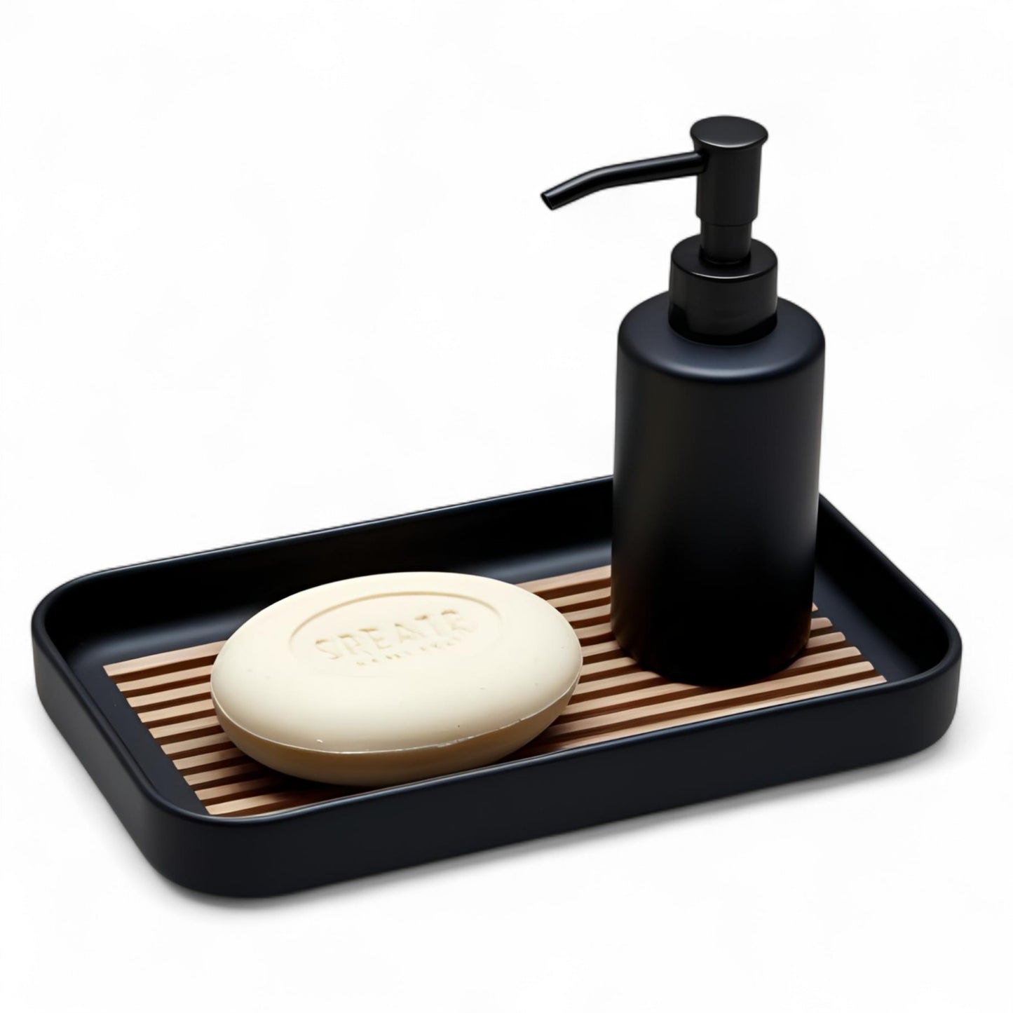 modern soap tray with raised drainage support, shown holding a soap bar and pump bottle, perfect for bathroom organization and keeping soap dry


