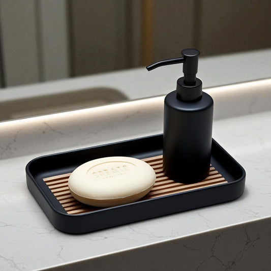 Modern soap tray with raised drainage support, shown holding a soap bar and pump bottle, perfect for bathroom organization and keeping soap dry

