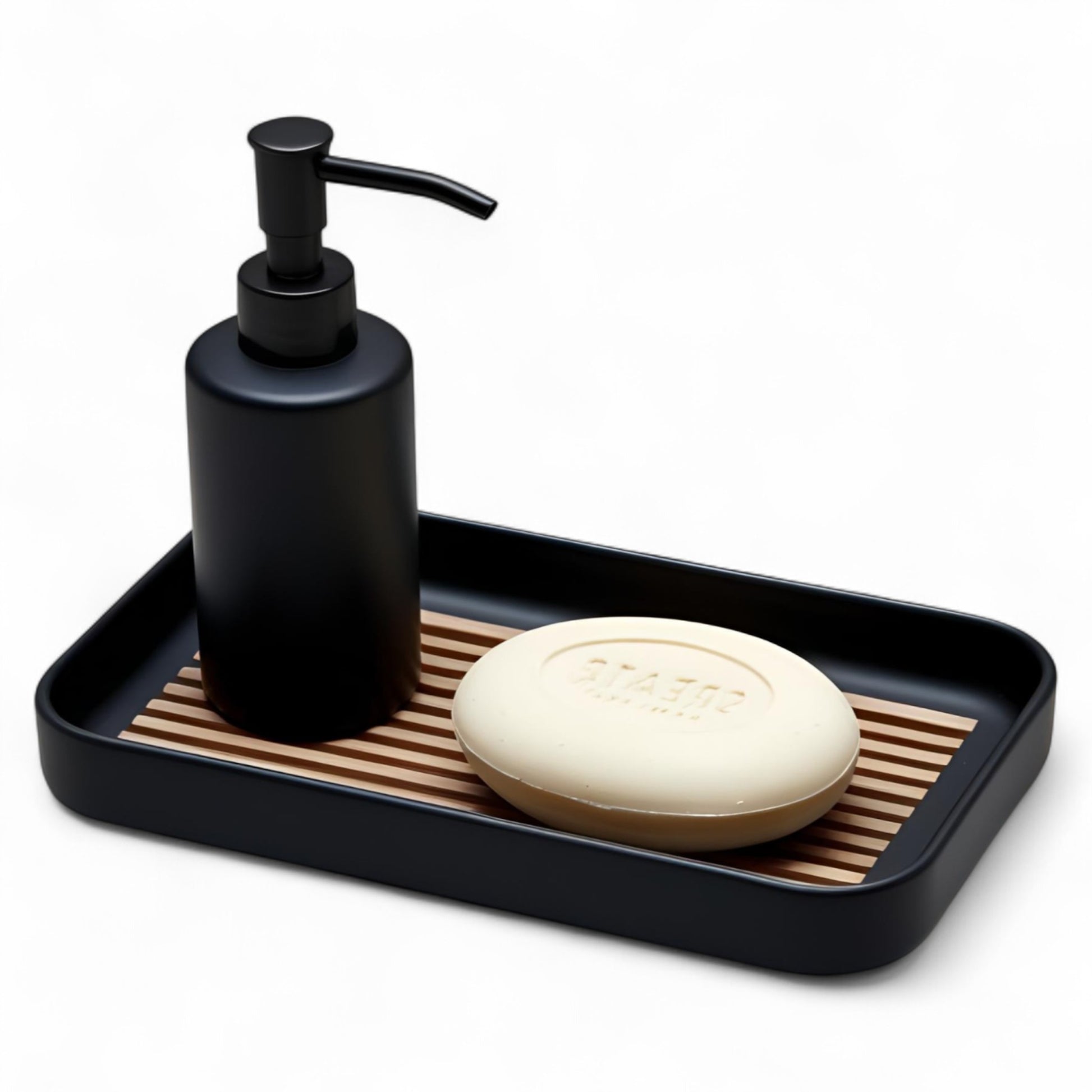 Modern soap tray with raised drainage support, shown holding a soap bar and pump bottle, perfect for bathroom organization and keeping soap dry

