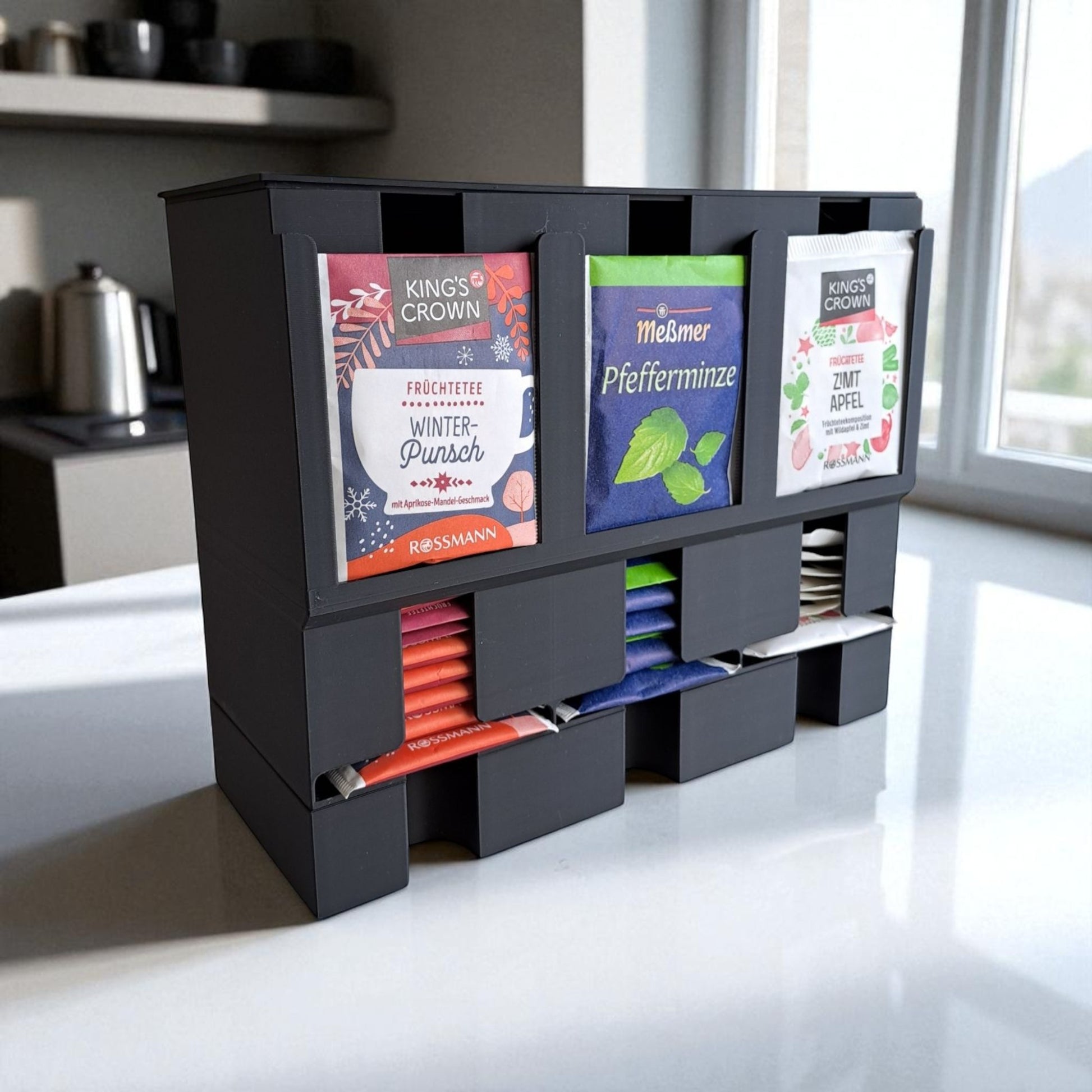 Modern tea organizer and dispenser with 3 compartments, compact and stylish design for tea bag storage, measuring 210mm x 85mm x 170mm, perfect for kitchens, pantries, or offices.