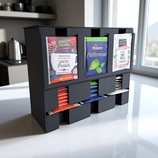 Modern tea organizer and dispenser with 3 compartments, compact and stylish design for tea bag storage, measuring 210mm x 85mm x 170mm, perfect for kitchens, pantries, or offices.
