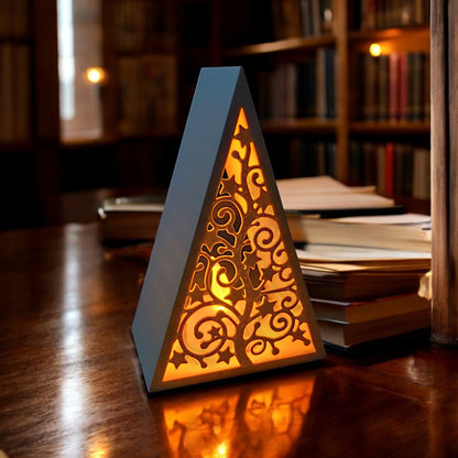 White triangular book stand with an intricate cut-out tree design, displayed on a white surface against a light grey background.