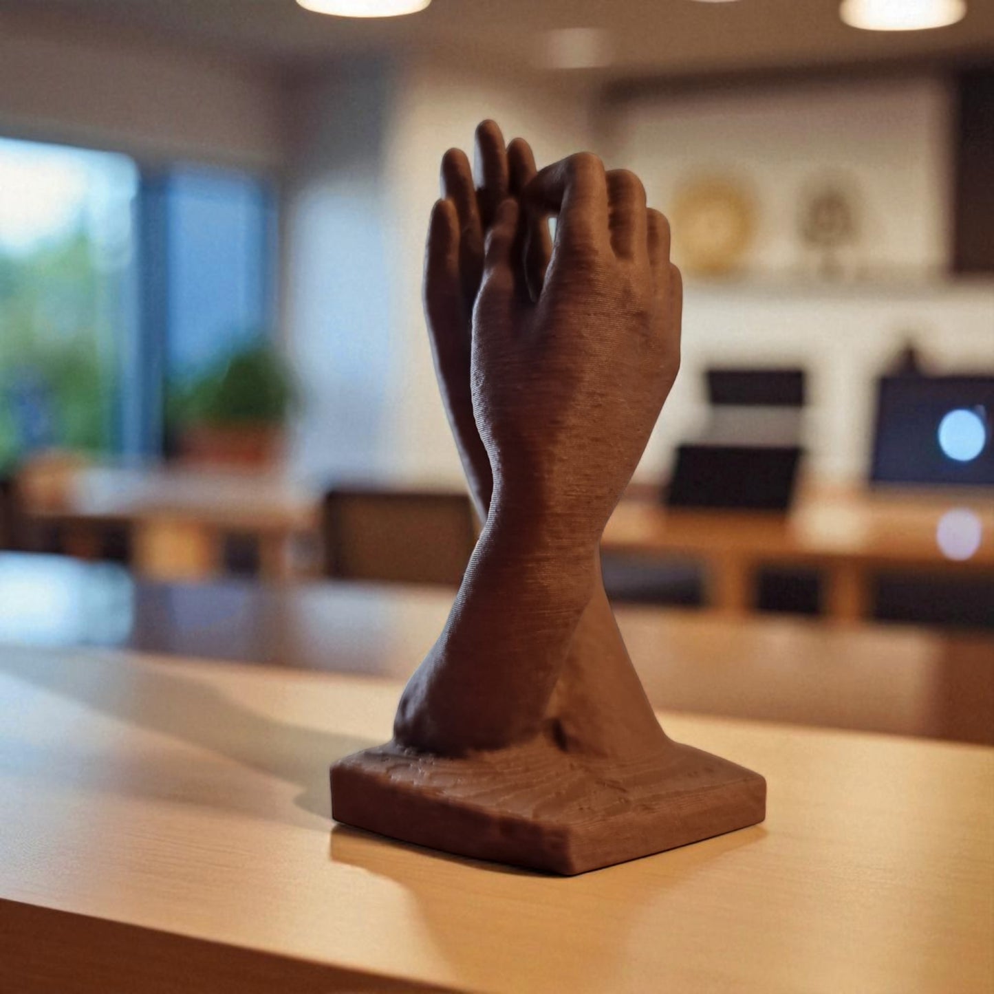  two elegantly crafted hands reaching out and touching, symbolizing connection, unity, and timeless bond. the design features  flowing curves that its artistic and modern aesthetic, making it a perfect decorative piece for any space.