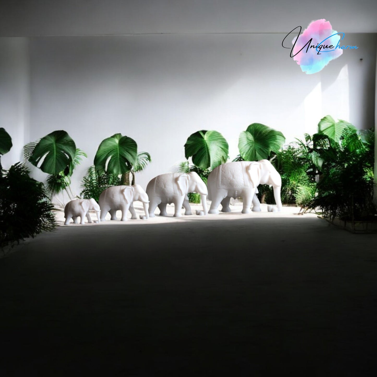 set of 4 indian elephant figurines in varying sizes, 3d-printed with intricate details. modern and elegant home decor piece, perfect for shelves, desks, and gifting. symbolizing wisdom, luck, and prosperity, these minimalist elephant sculptures add a spiritual and stylish touch to any space.