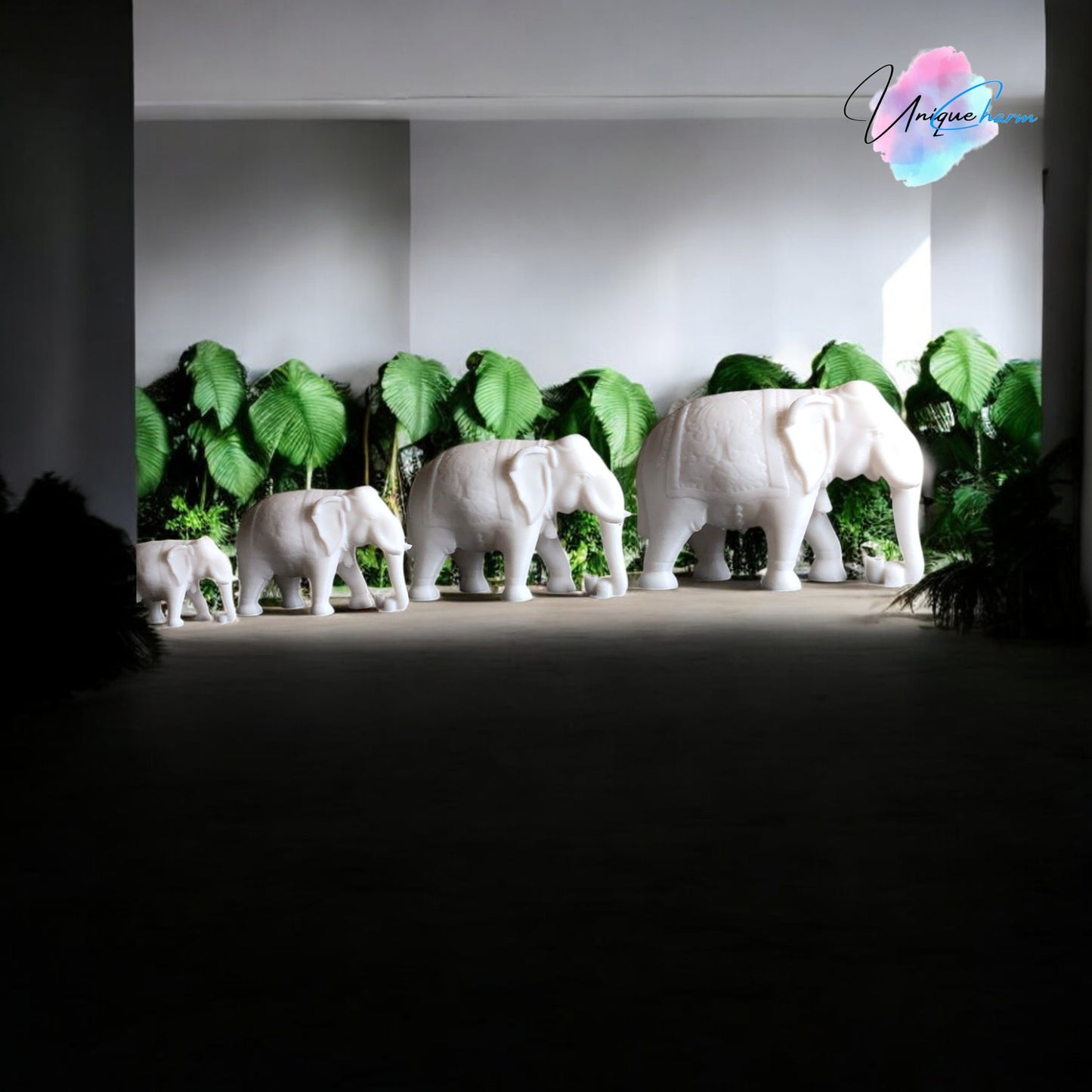 set of 4 indian elephant figurines in varying sizes, 3d-printed with intricate details. modern and elegant home decor piece, perfect for shelves, desks, and gifting. symbolizing wisdom, luck, and prosperity, these minimalist elephant sculptures add a spiritual and stylish touch to any space.