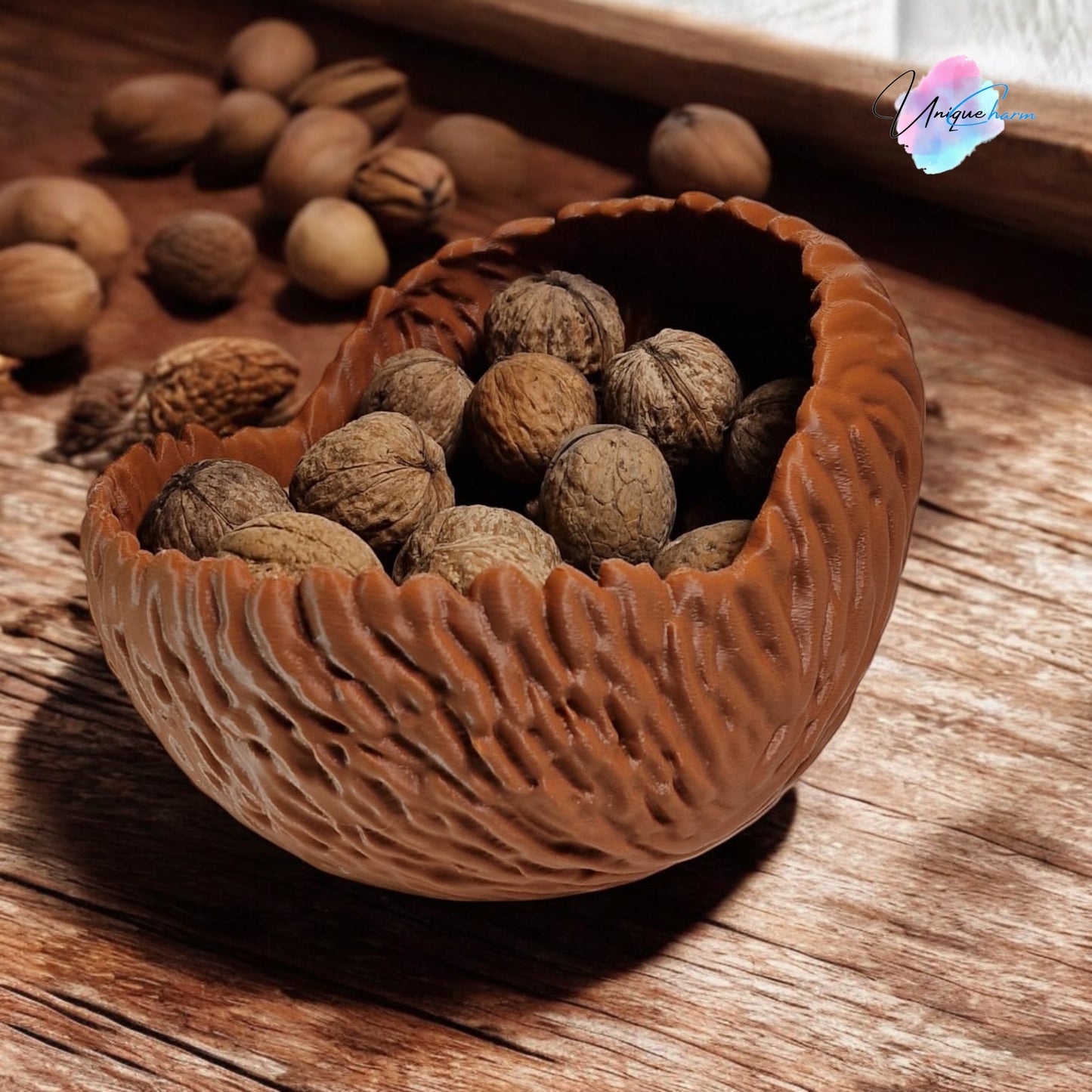 a beautifully designed walnut-shaped bowl resembling a quarter of a walnut shell, perfect as a key tray, candy dish, or nut bowl. features a rustic, nature-inspired design with a smooth finish, making it a stylish and functional home décor piece.